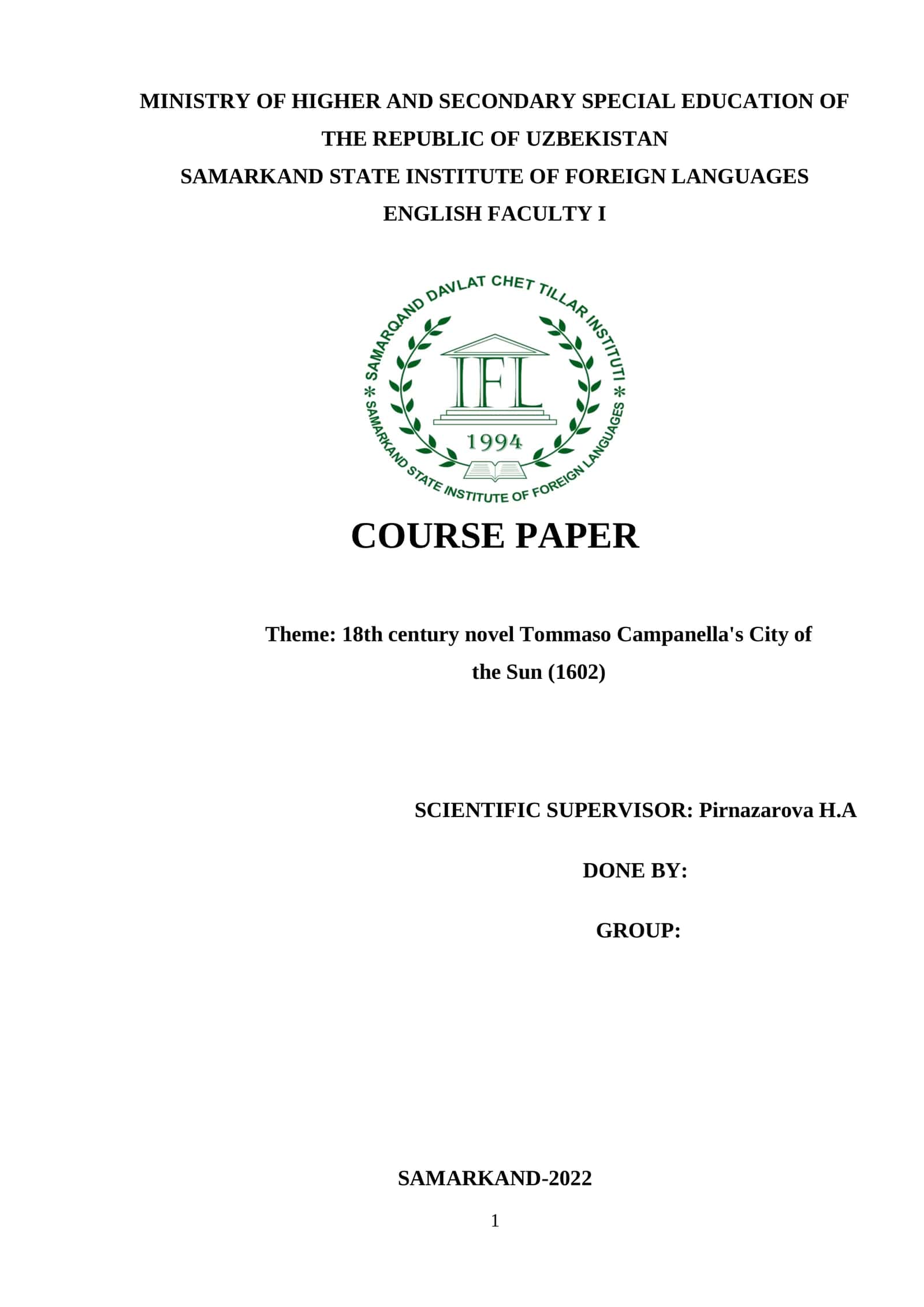 Tommaso Campanella's City of the Sun Course Paper