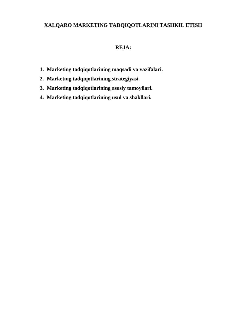 XALQARO MARKETING TADQIQOTLARINI TASHKIL ETISH