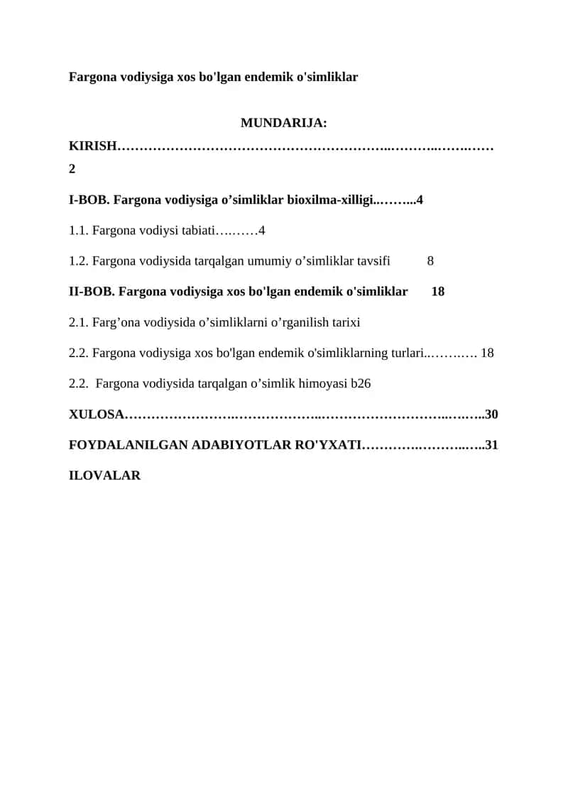 Fargona vodiysiga xos bo'lgan endemik o'simliklar