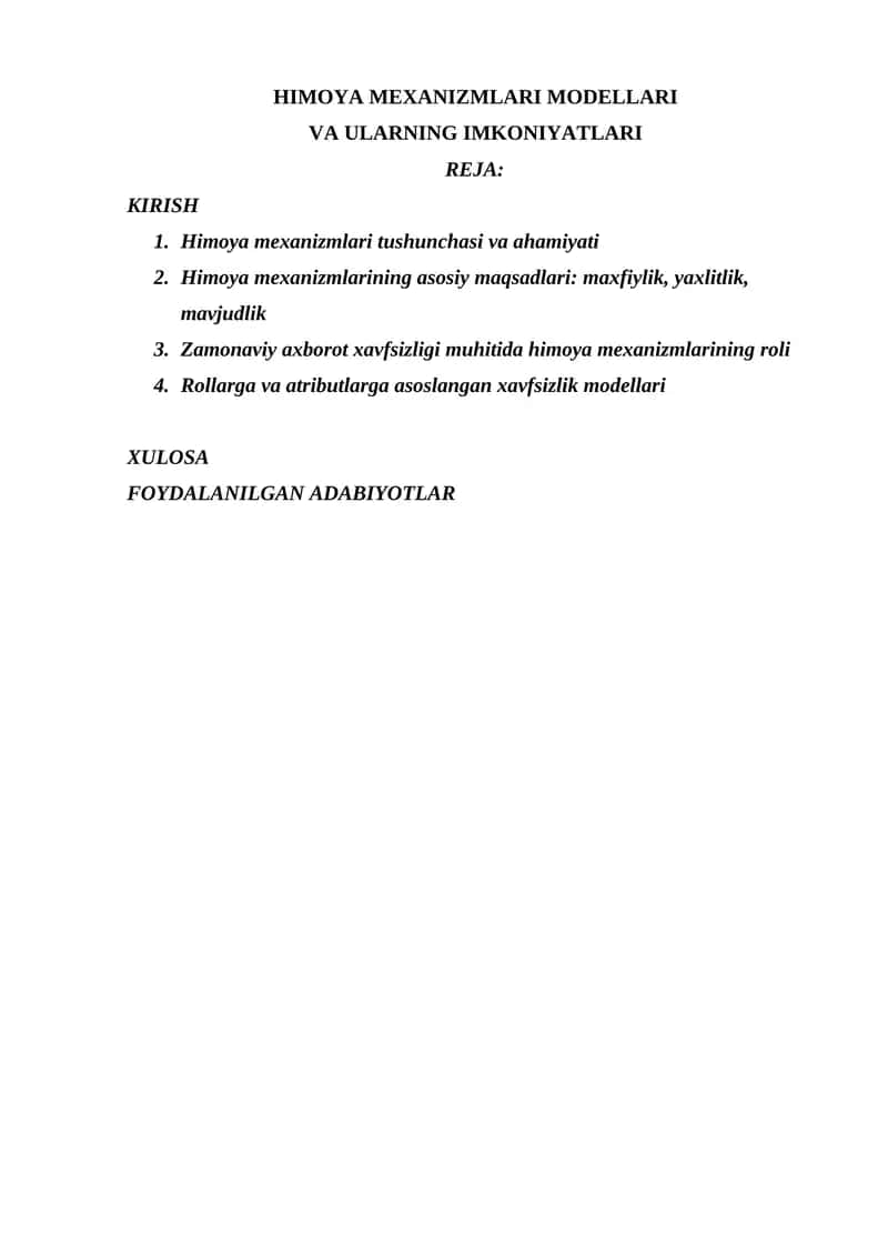 HIMOYA MEXANIZMLARI MODELLARI VA ULARNING IMKONIYATLARI