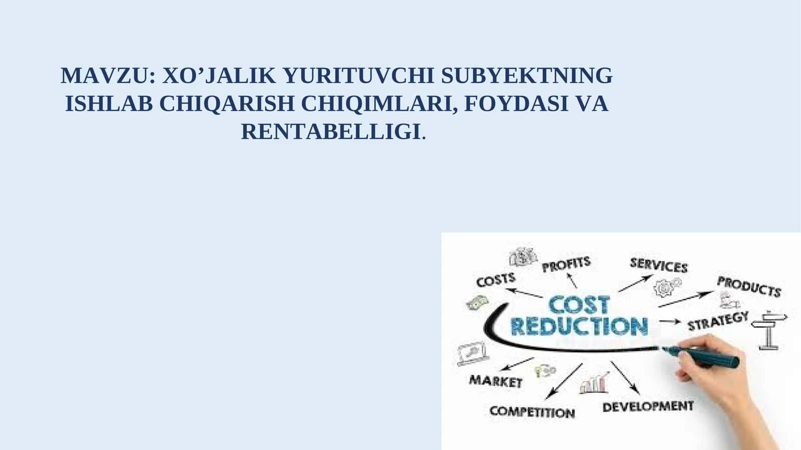 XO’JALIK YURITUVCHI SUBYEKTNING ISHLAB CHIQARISHCHIQIMLARI, FOYDASI VA RENTABELLIGI