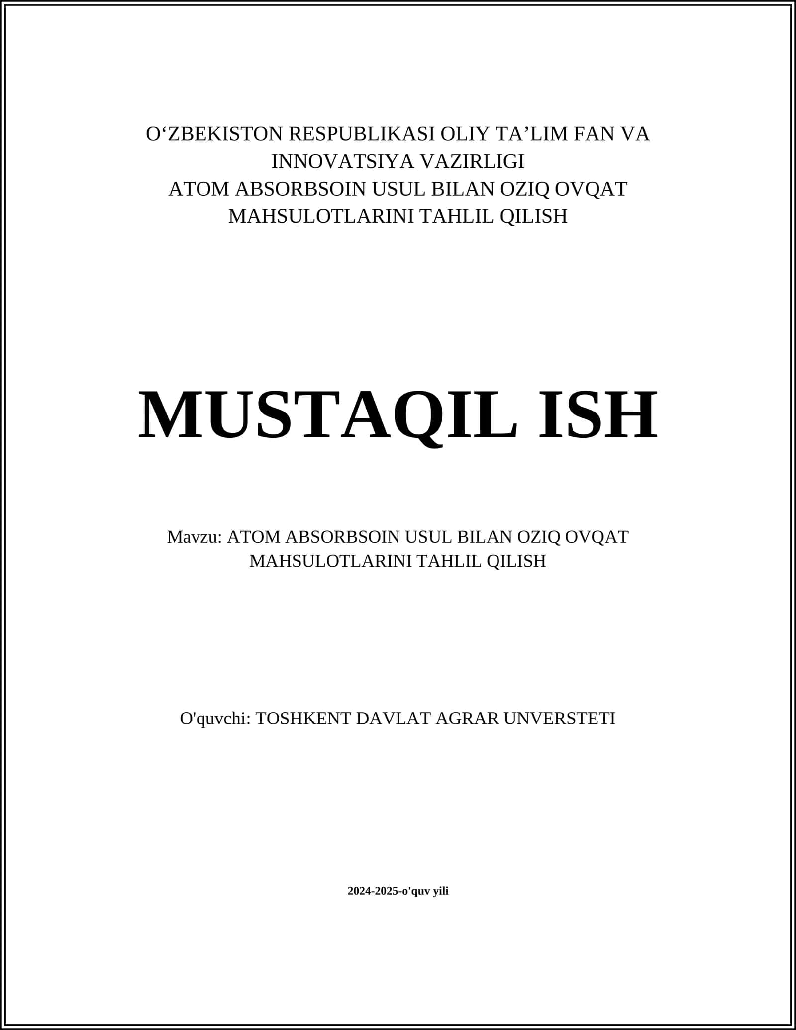 OZIQ OVQAT MAHSULOTLARINI TAHLIL QILISH