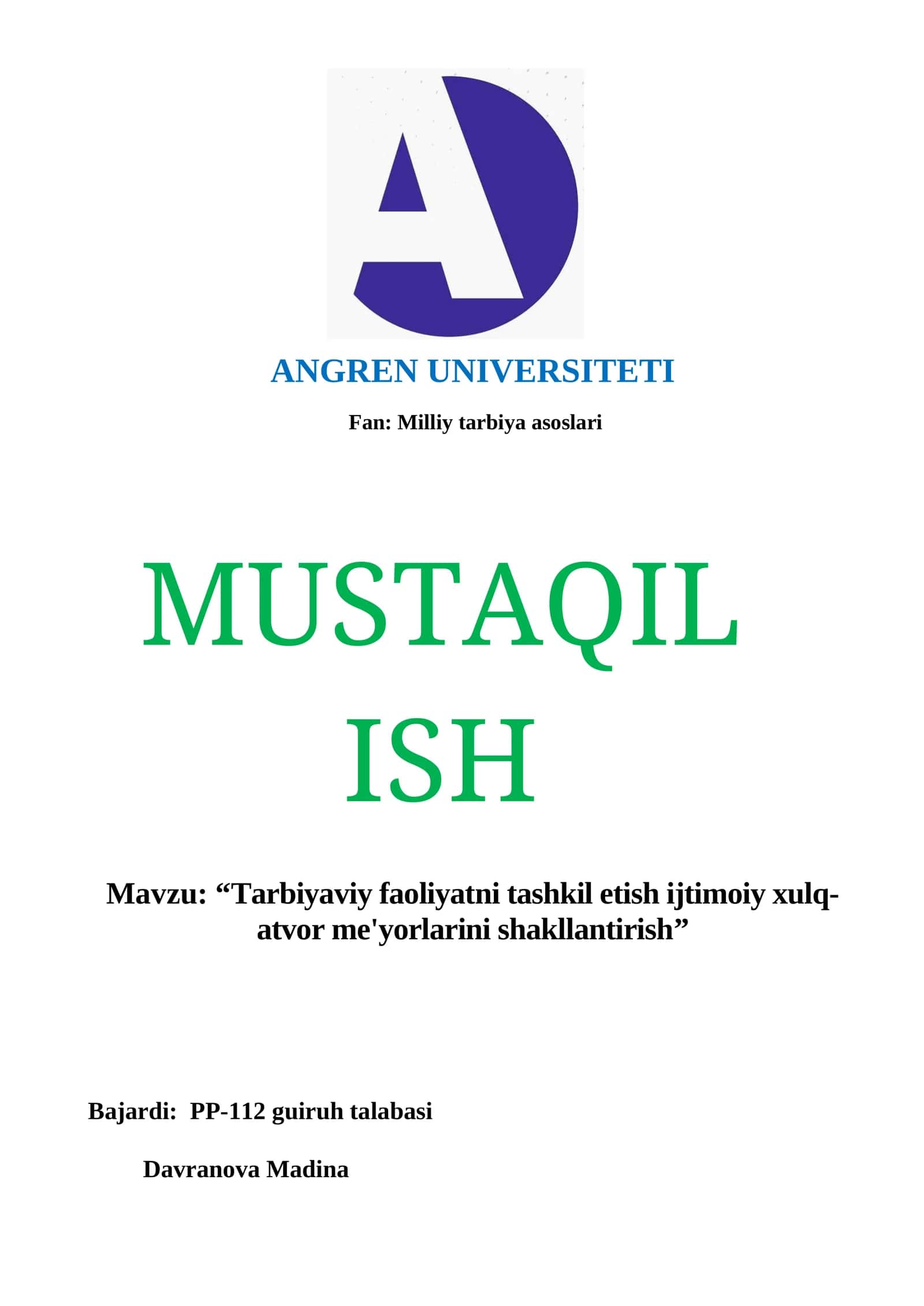 Tarbiyaviy faoliyatni tashkil etish ijtimoiy xulq-atvor me'yorlarini shakllantirish