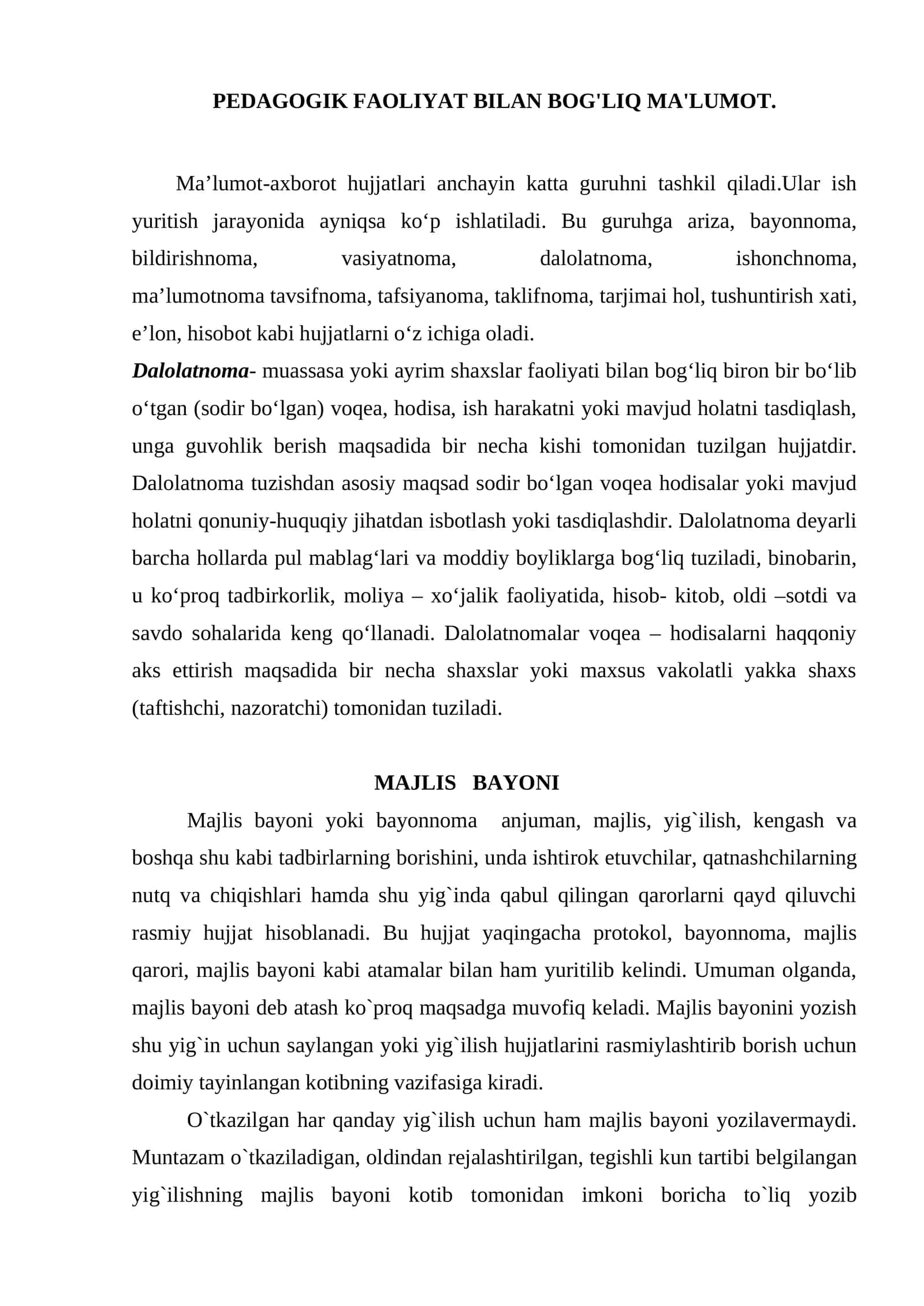PEDAGOGIK FAOLIYAT BILAN BOG'LIQ MA'LUMOT