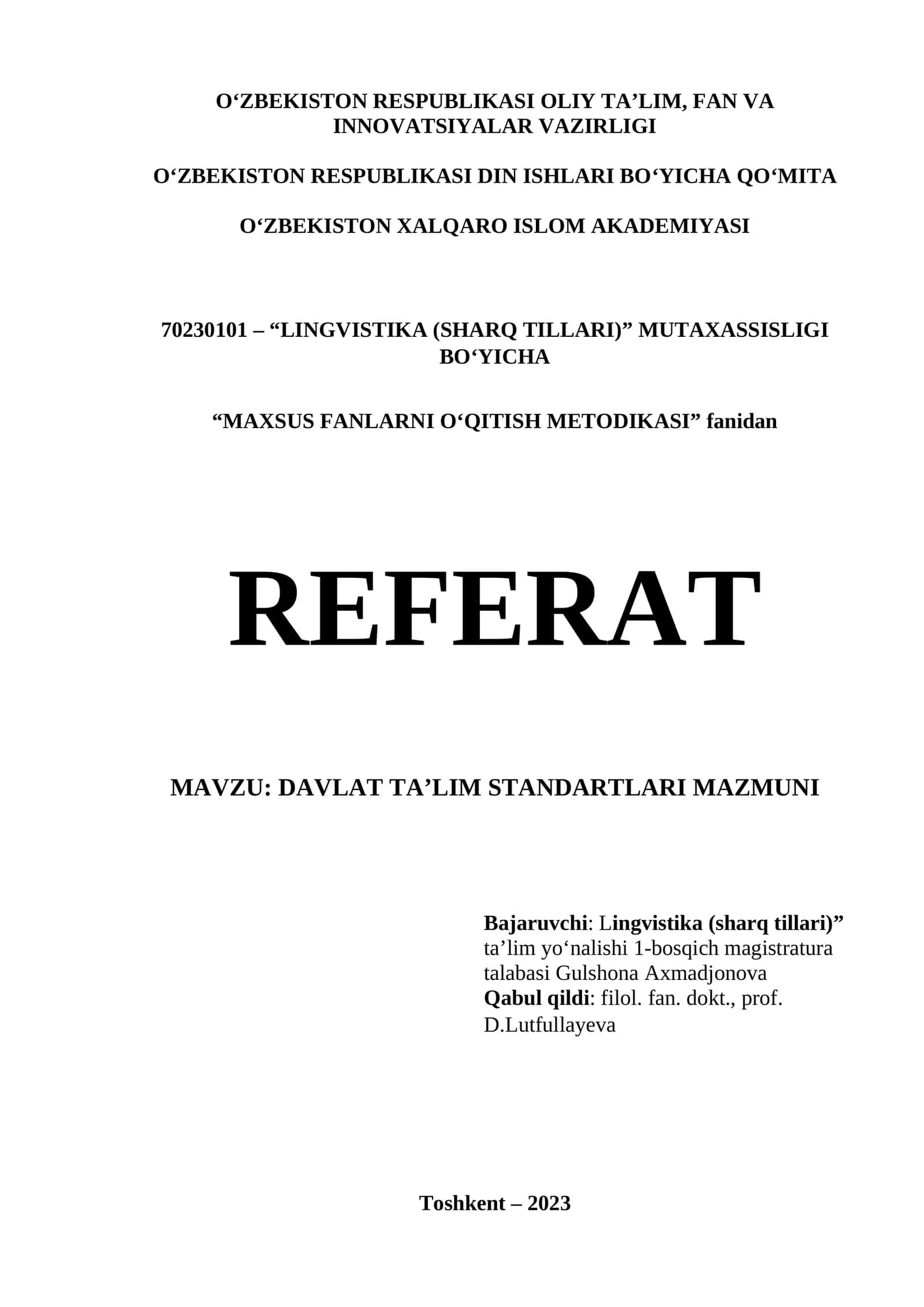 REFERAT Davlat ta'lim standartlari mazmuni