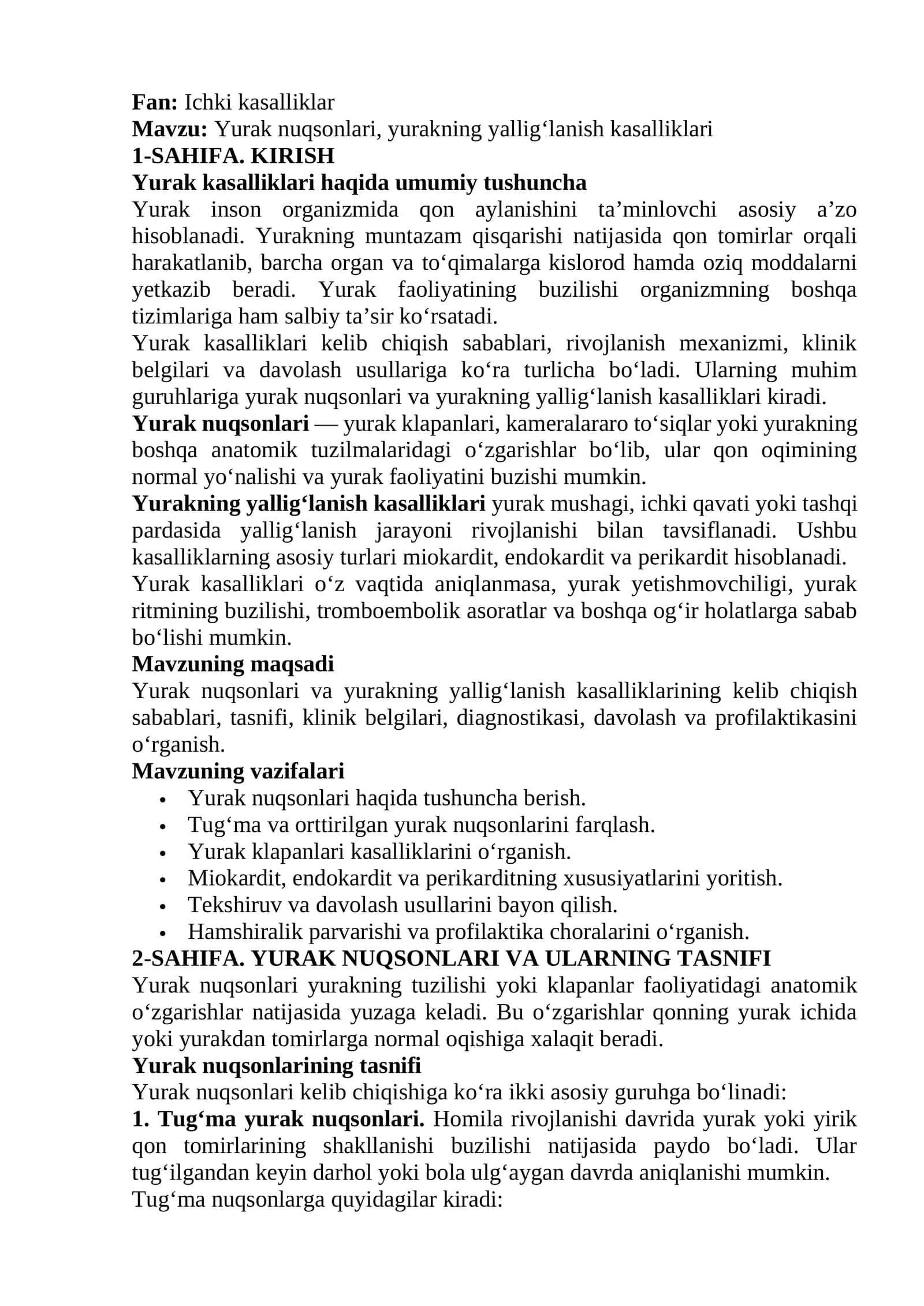 Yurak nuqsonlari, yurakning yallig‘lanish kasalliklari