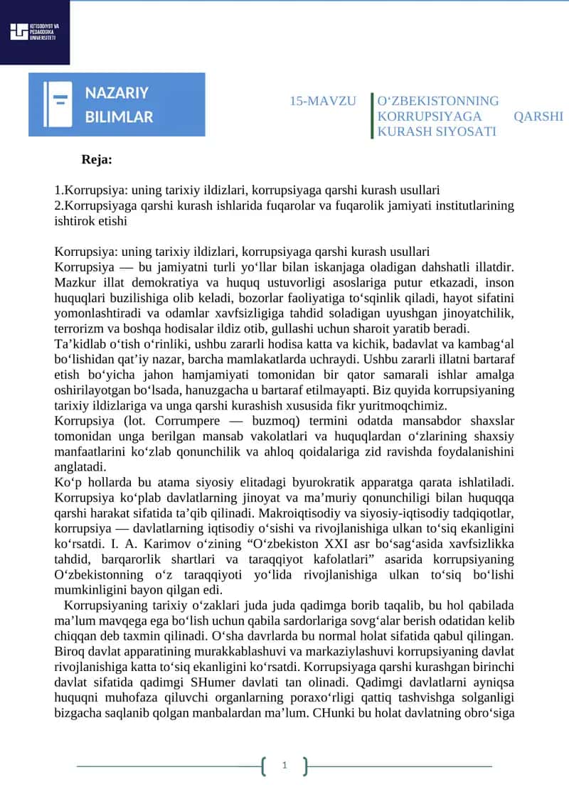 O‘ZBEKISTONNING KORRUPSIYAGA QARSHI KURASH SIYOSATI
