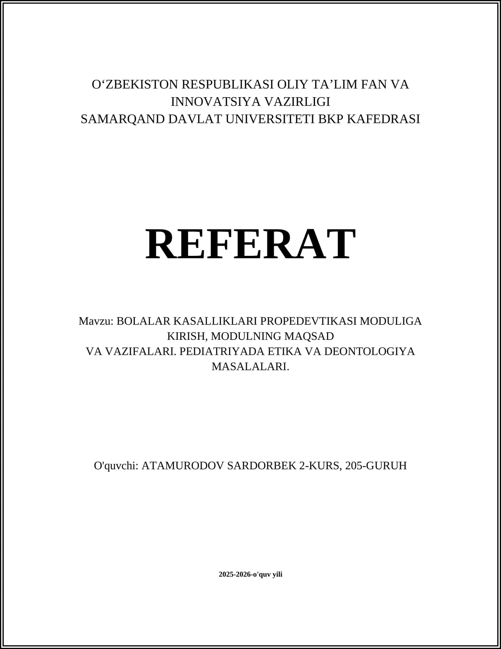 BOLALAR KASALLIKLARI PROPEDEVTIKASI MODULIGA