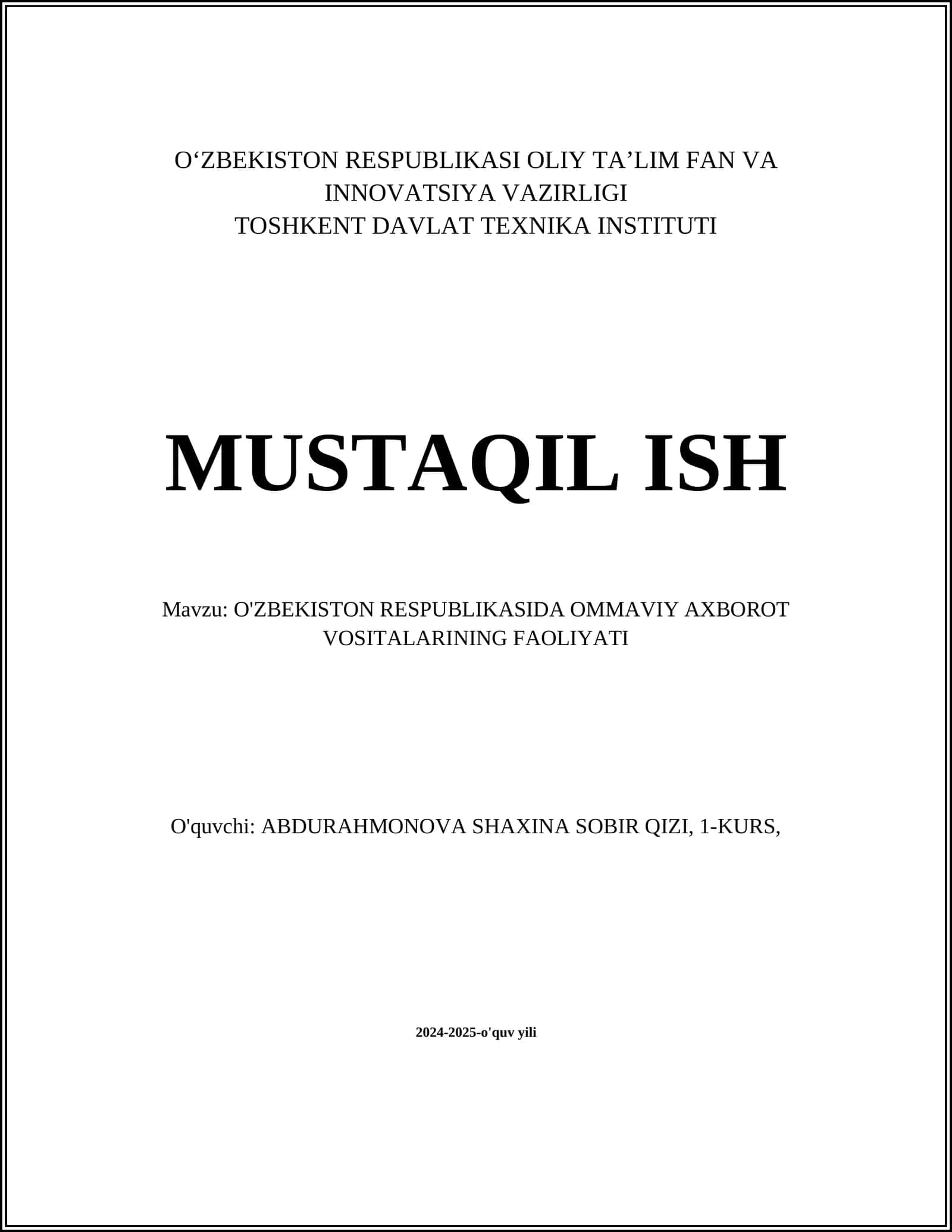 O'ZBEKISTON RESPUBLIKASIDA OMMAVIY AXBOROT VOSITALARINING FAOLIYATI