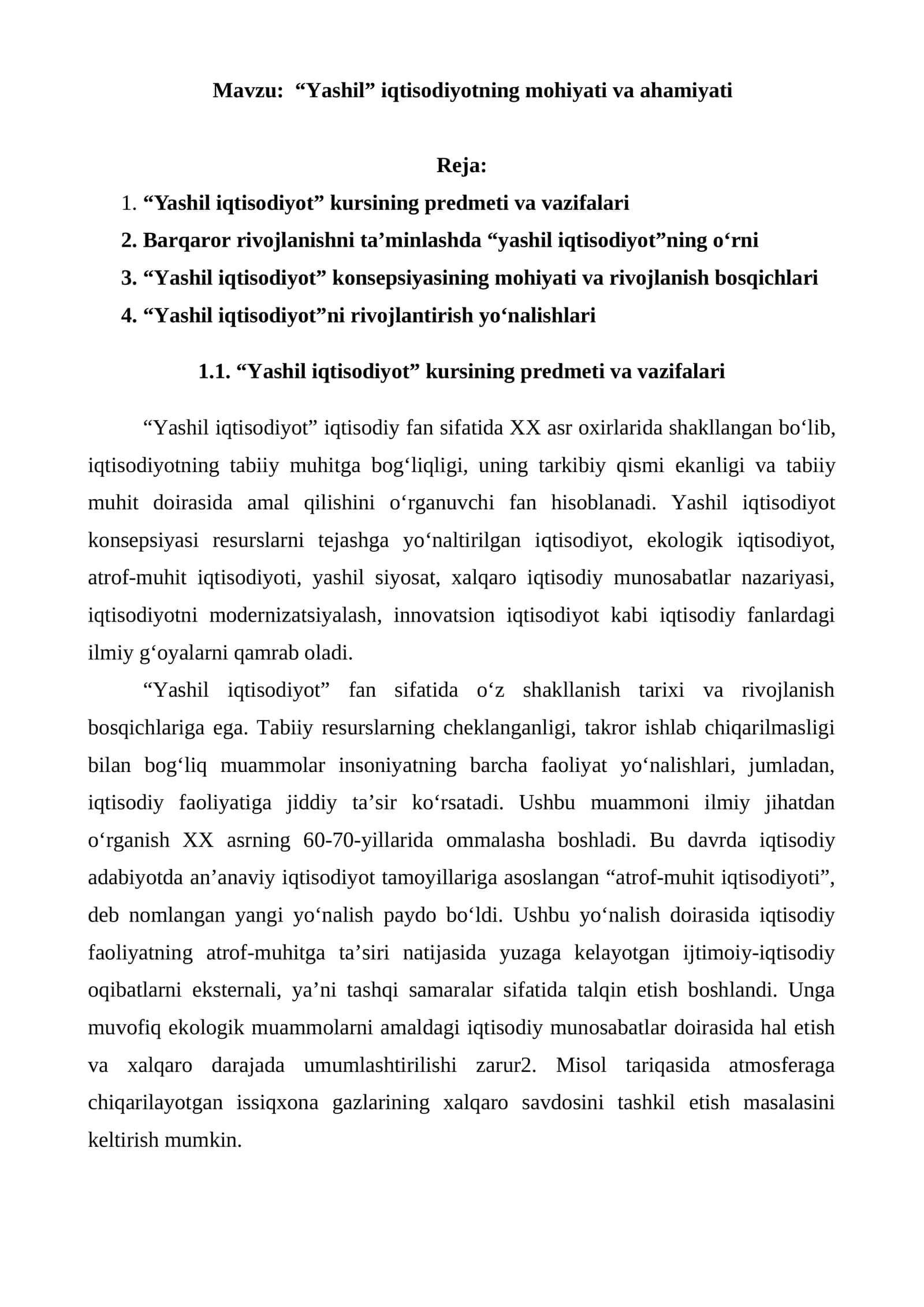 “Yashil” iqtisodiyotning mohiyati va ahamiyati