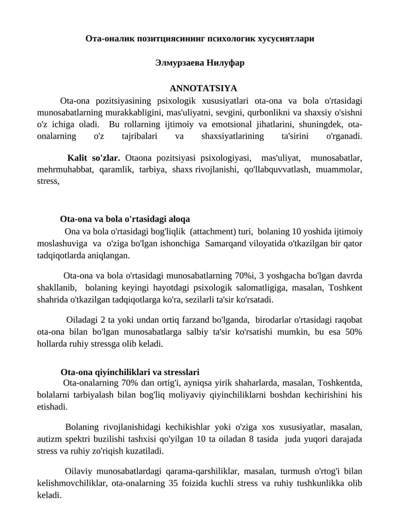 Ota-ona pozitsiyasining psixologik xususiyatlari
