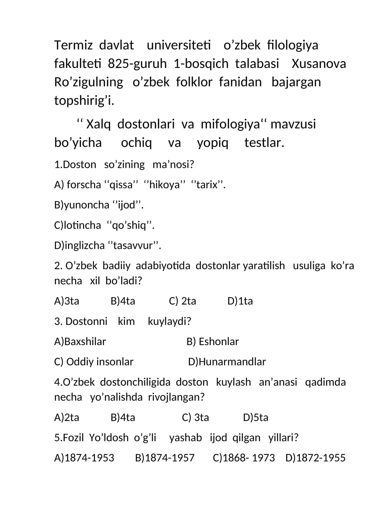 Xalq dostonlari va mifologiya test