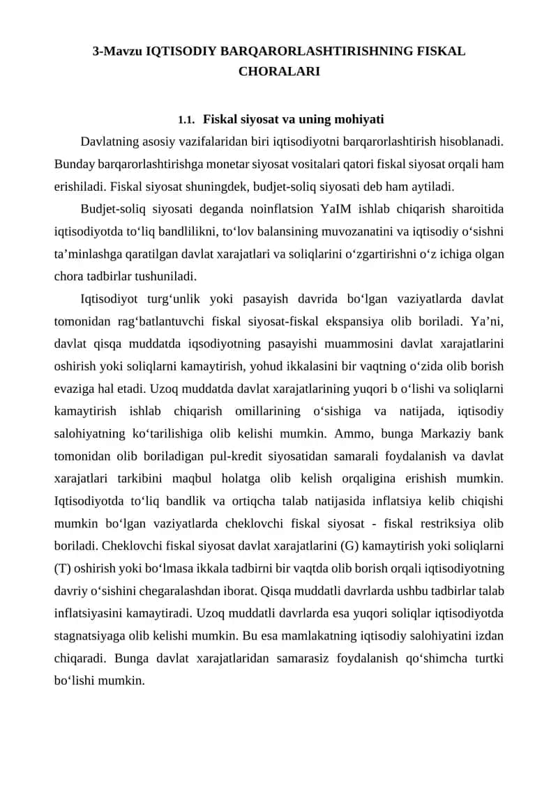 IQTISODIY BARQARORLASHTIRISHNING FISKAL CHORALARI