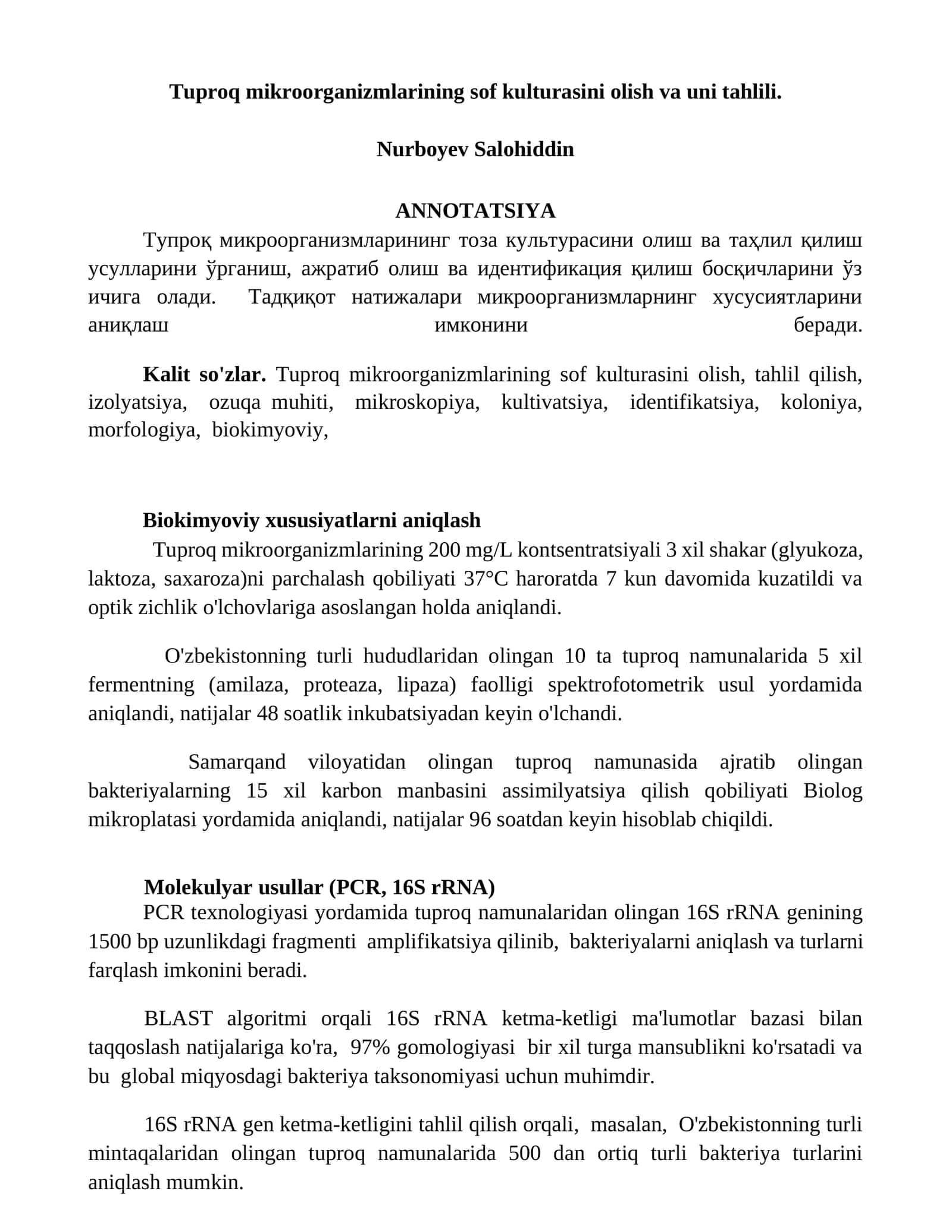 Tuproq mikroorganizmlarining sof kulturasini olish va uni tahlili
