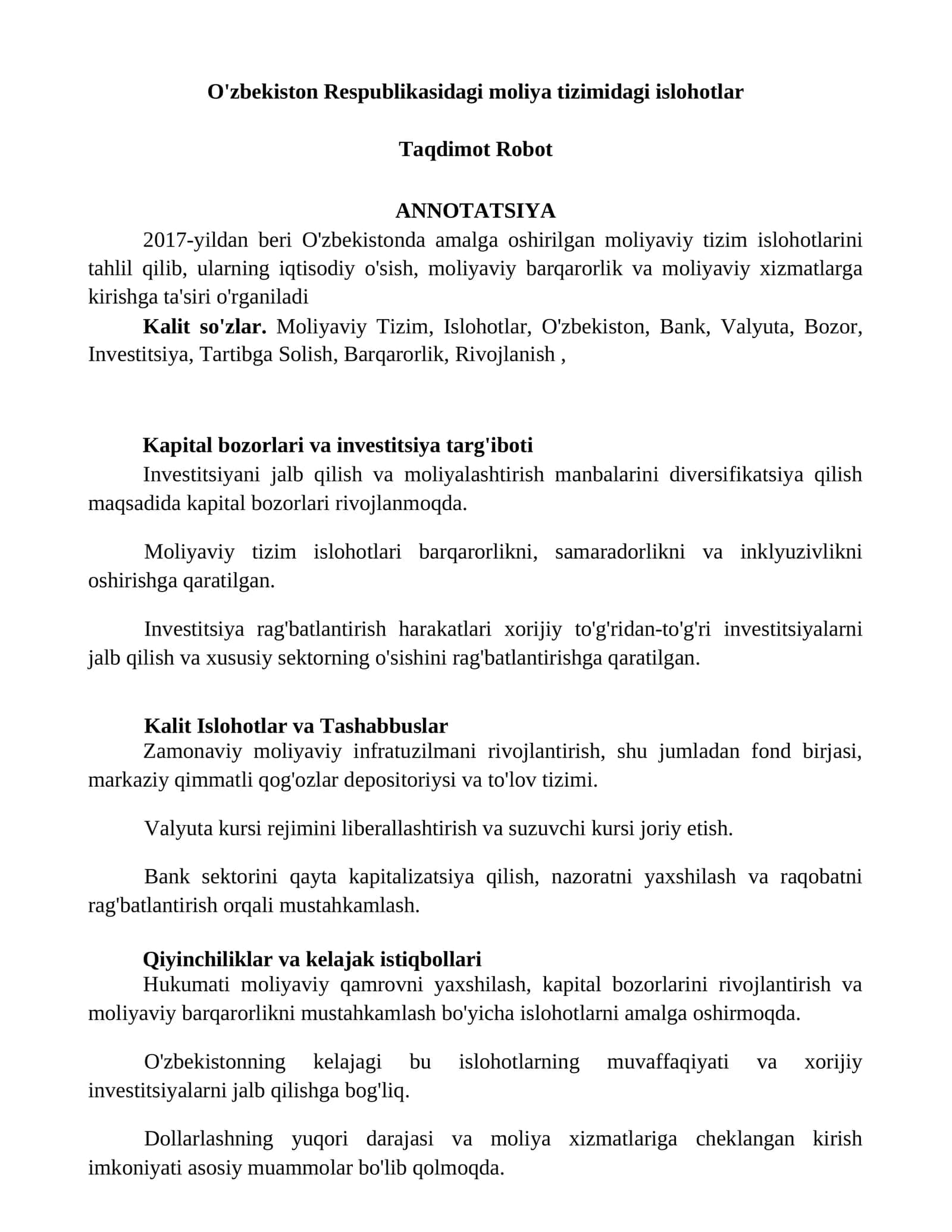 Moliyaviy Tizim Islohotlari