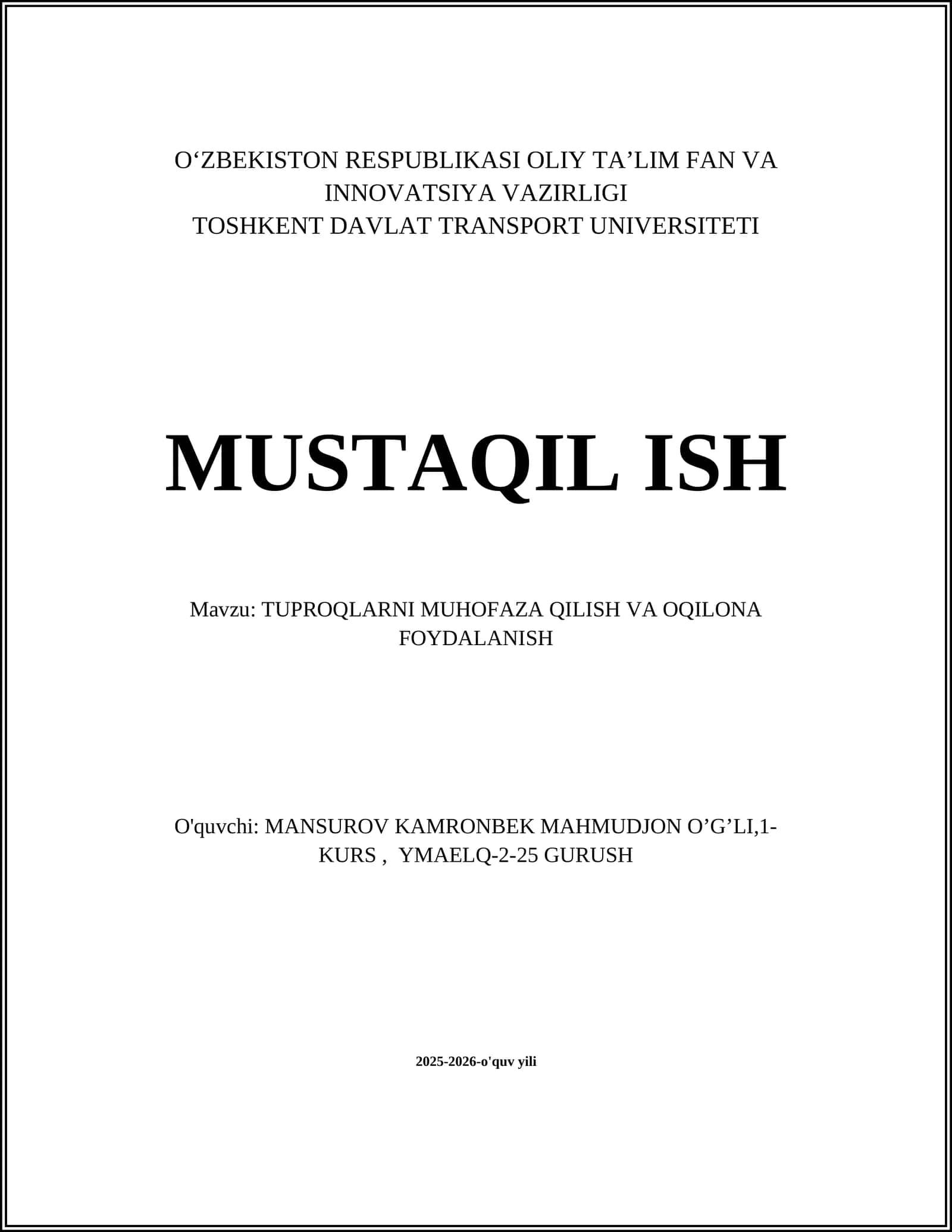 TUPROQLARNI MUHOFAZA QILISH VA OQILONA FOYDALANISH