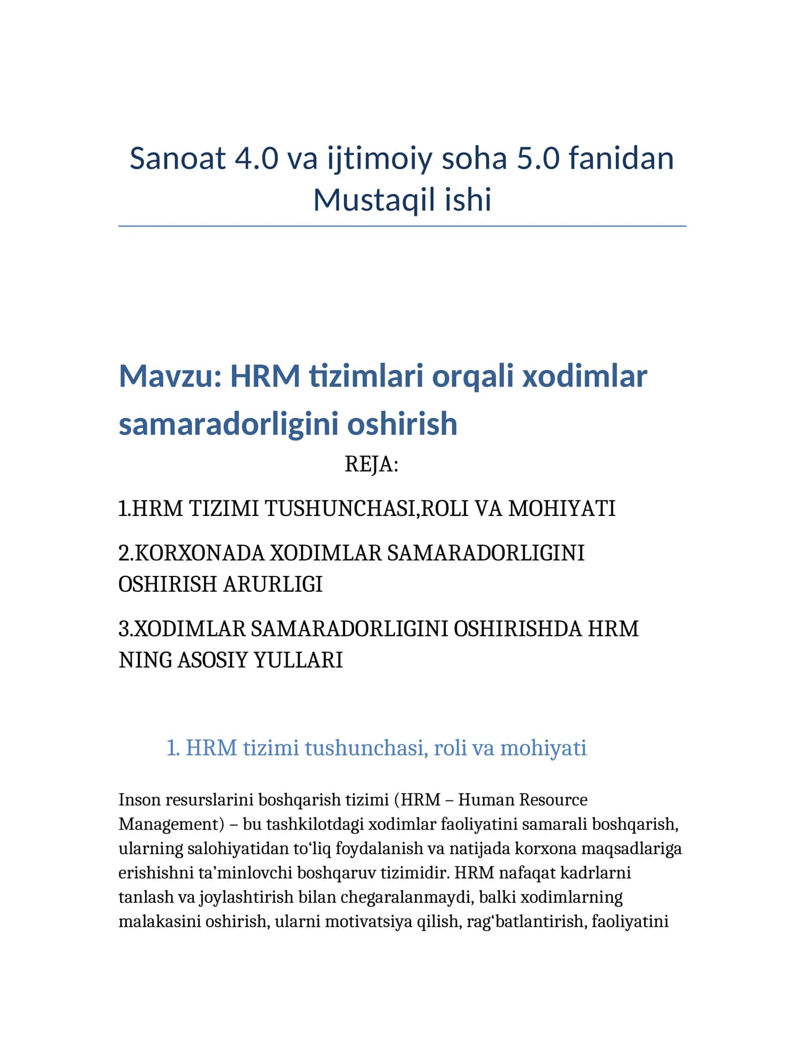 HRM tizimlari orqali xodimlar samaradorligini oshirish