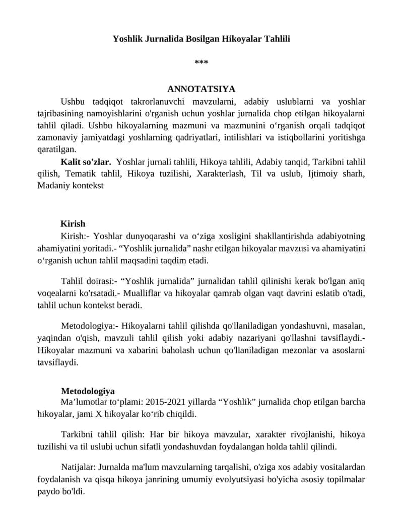 Yoshlik Jurnalida Bosilgan Hikoyalar Tahlili