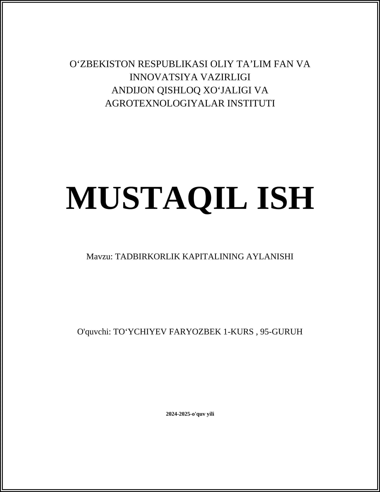 TADBIRKORLIK KAPITALINING AYLANISHI