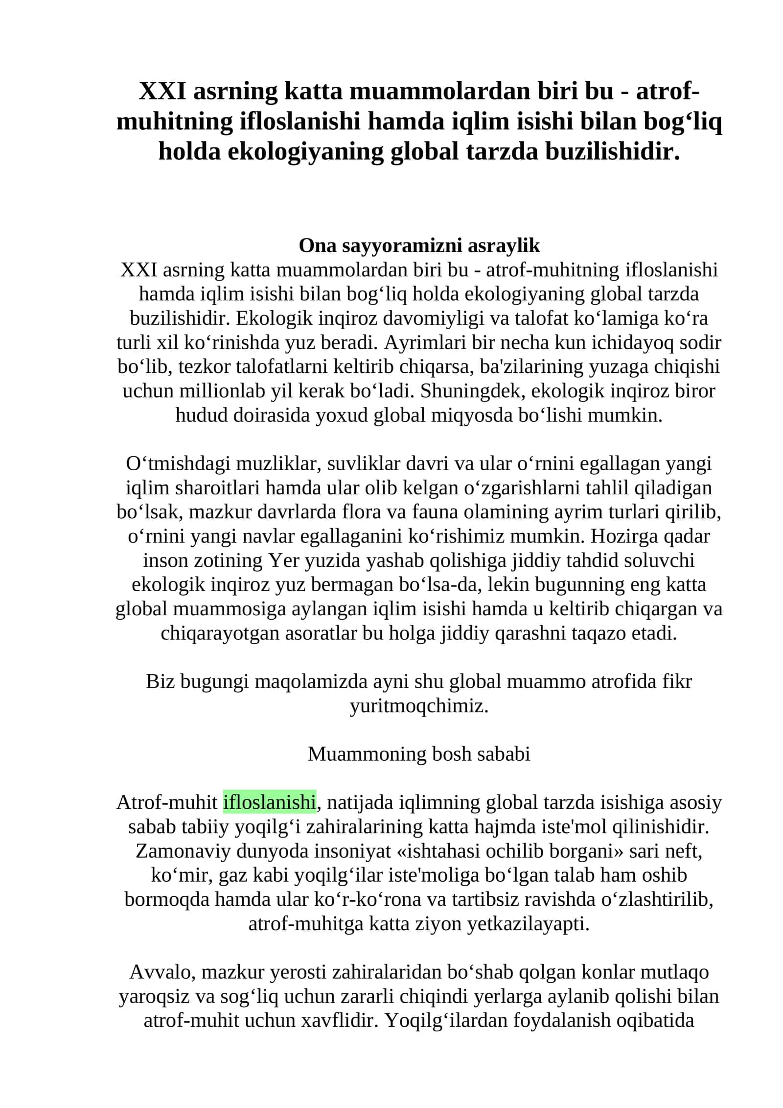Ekologik Inqirozning Oqibatlari