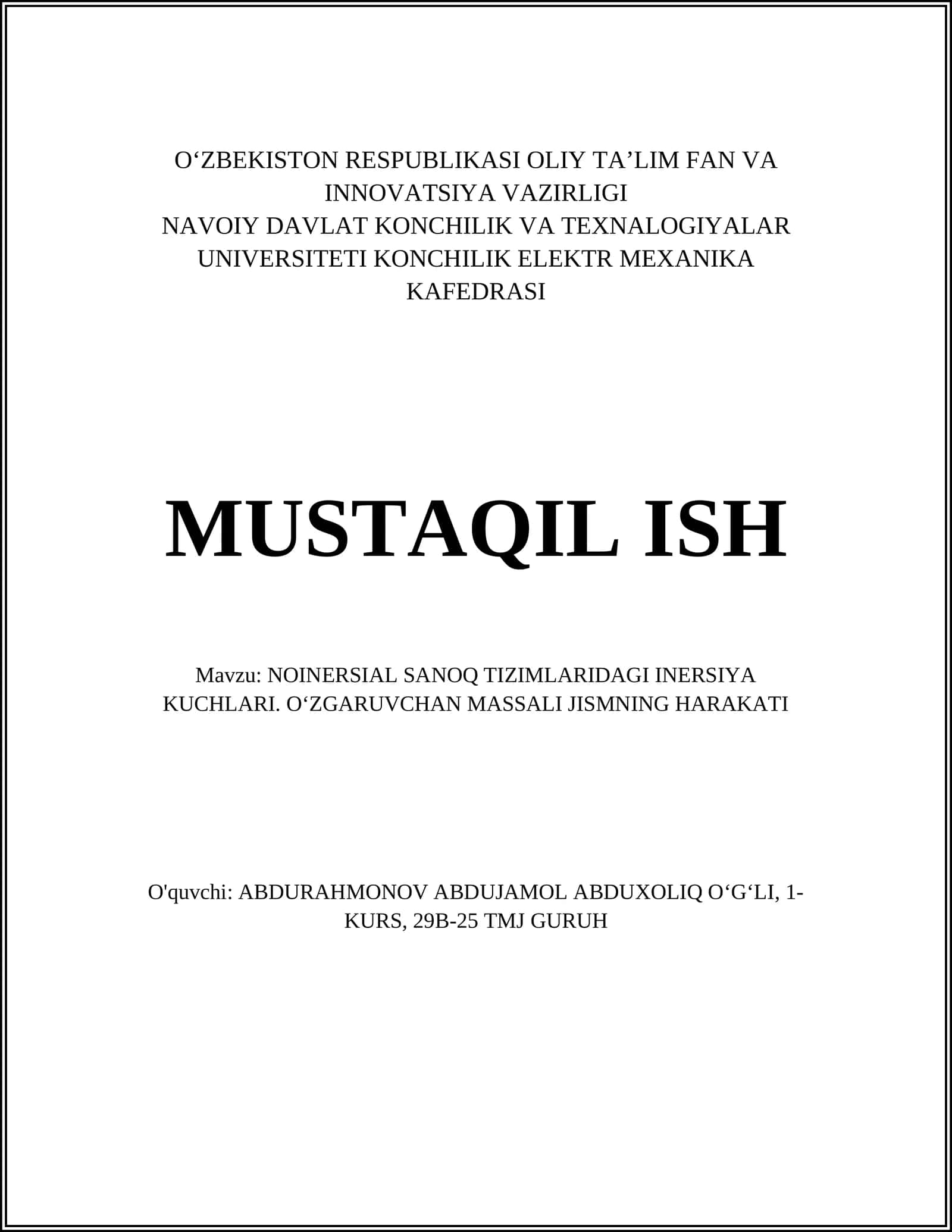 NOINERSIAL SANOQ TIZIMLARIDAGI INERSIYA KUCHLARI