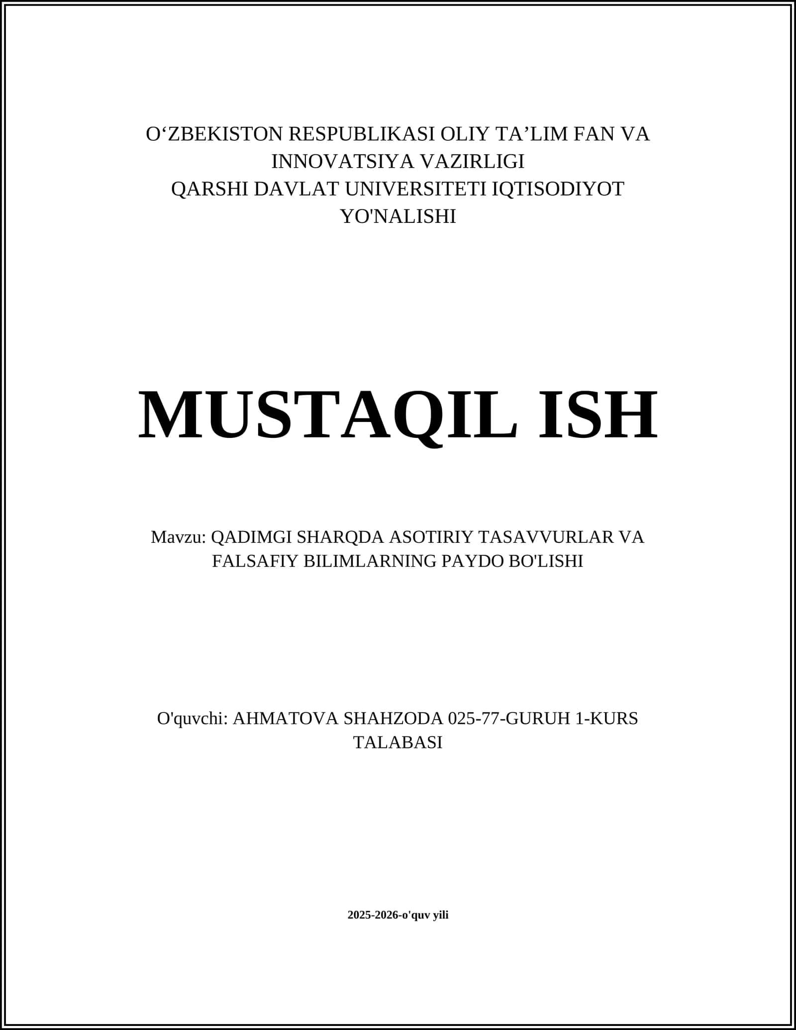 QADIMGI SHARQDA ASOTIRIY TASAVVURLAR VA FALSAFIY BILIMLARNING PAYDO BO'LISHI