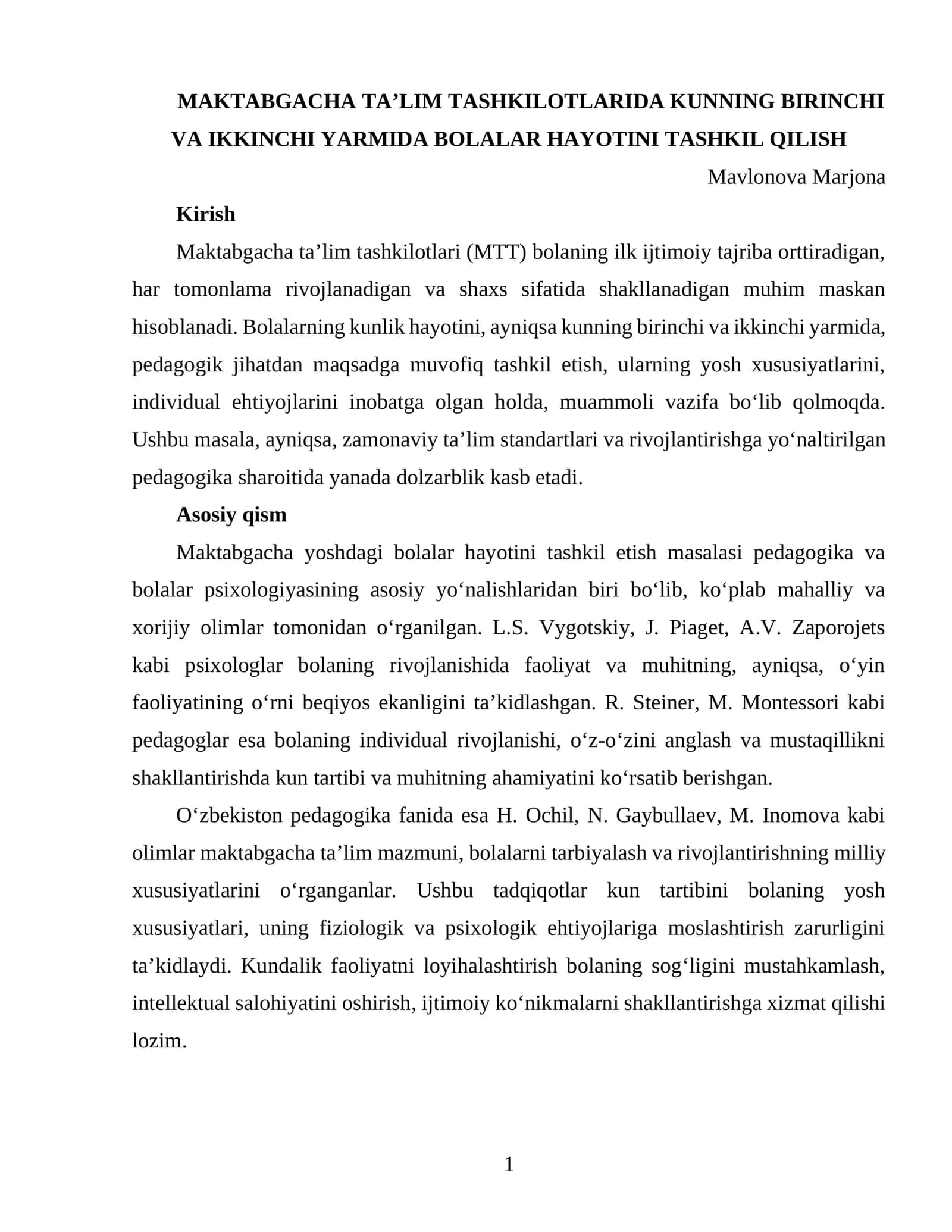 MAKTABGACHA TA’LIM TASHKILOTLARIDA KUNNING BIRINCHI VA IKKINCHI YARMIDA BOLALAR HAYOTINI TASHKIL QILISH