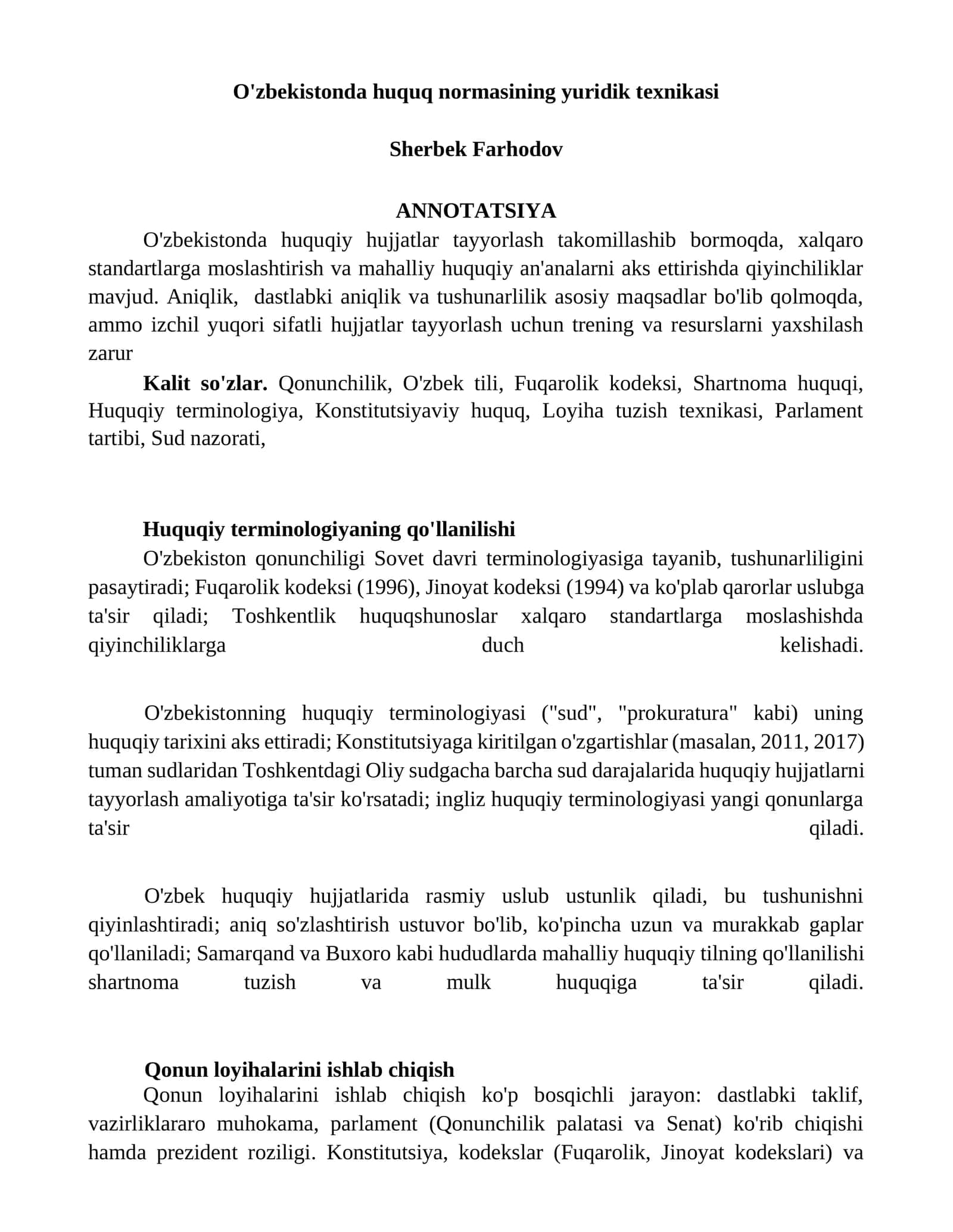 O'zbekistonda huquq normasining yuridik texnikasi