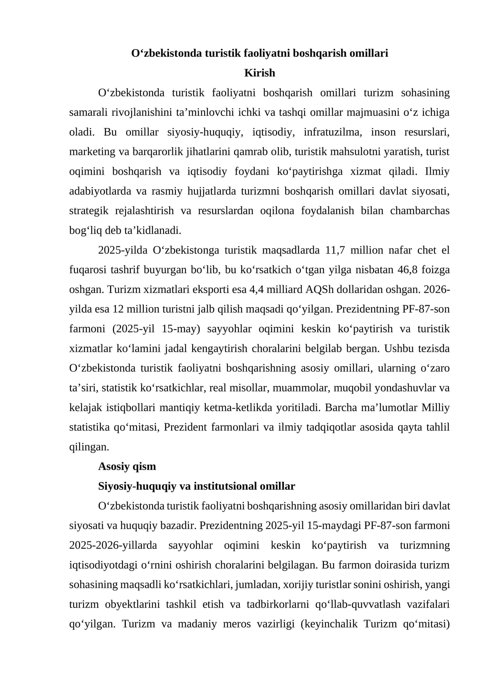 Oʻzbekistonda turistik faoliyatni boshqarish omillari