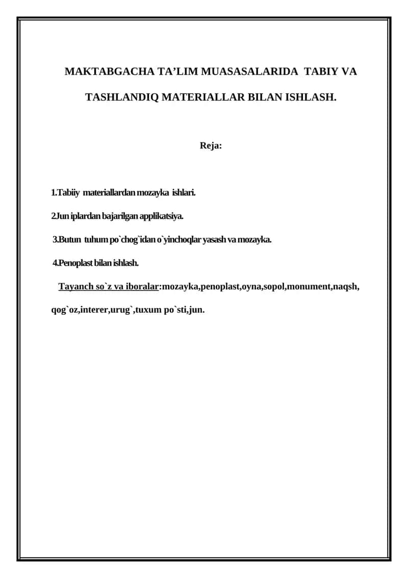 Maktabgacha Ta'lim Muasasalarida Tabiy va Tashlandiq Materiallar Bilan Ishlash