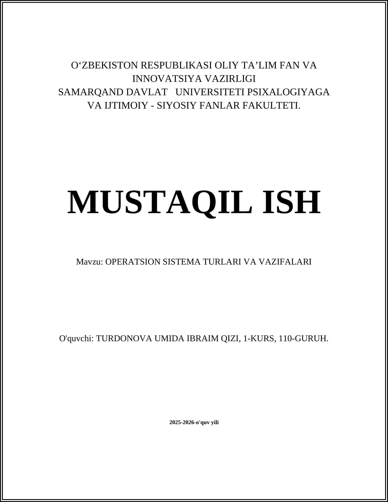 OPERATSION SISTEMA TURLARI VA VAZIFALARI