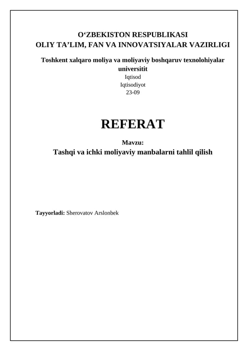 Tashqi va ichki moliyaviy manbalarni tahlil qilish