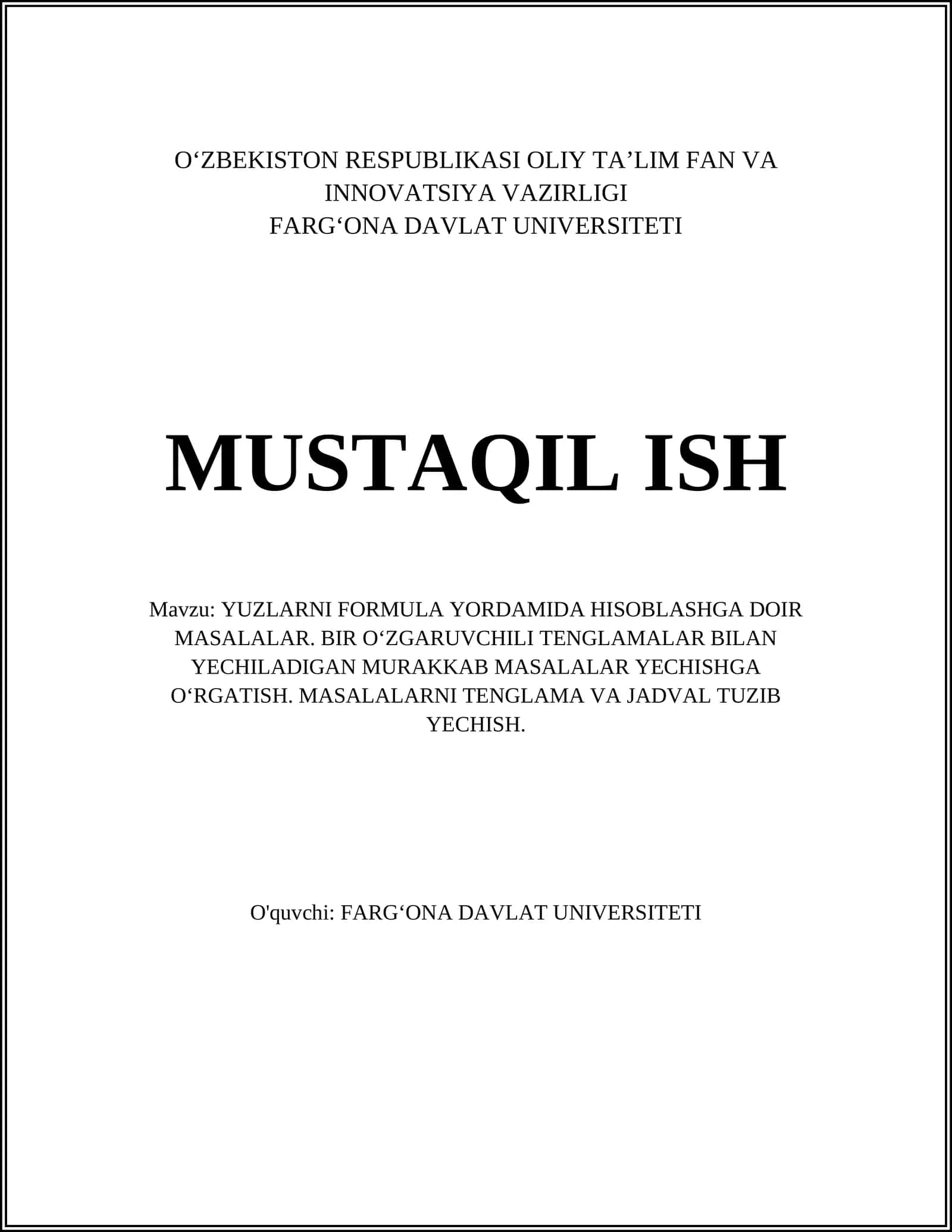 YUZLARNI FORMULA YORDAMIDA HISOBLASHGA DOIR MASALALAR