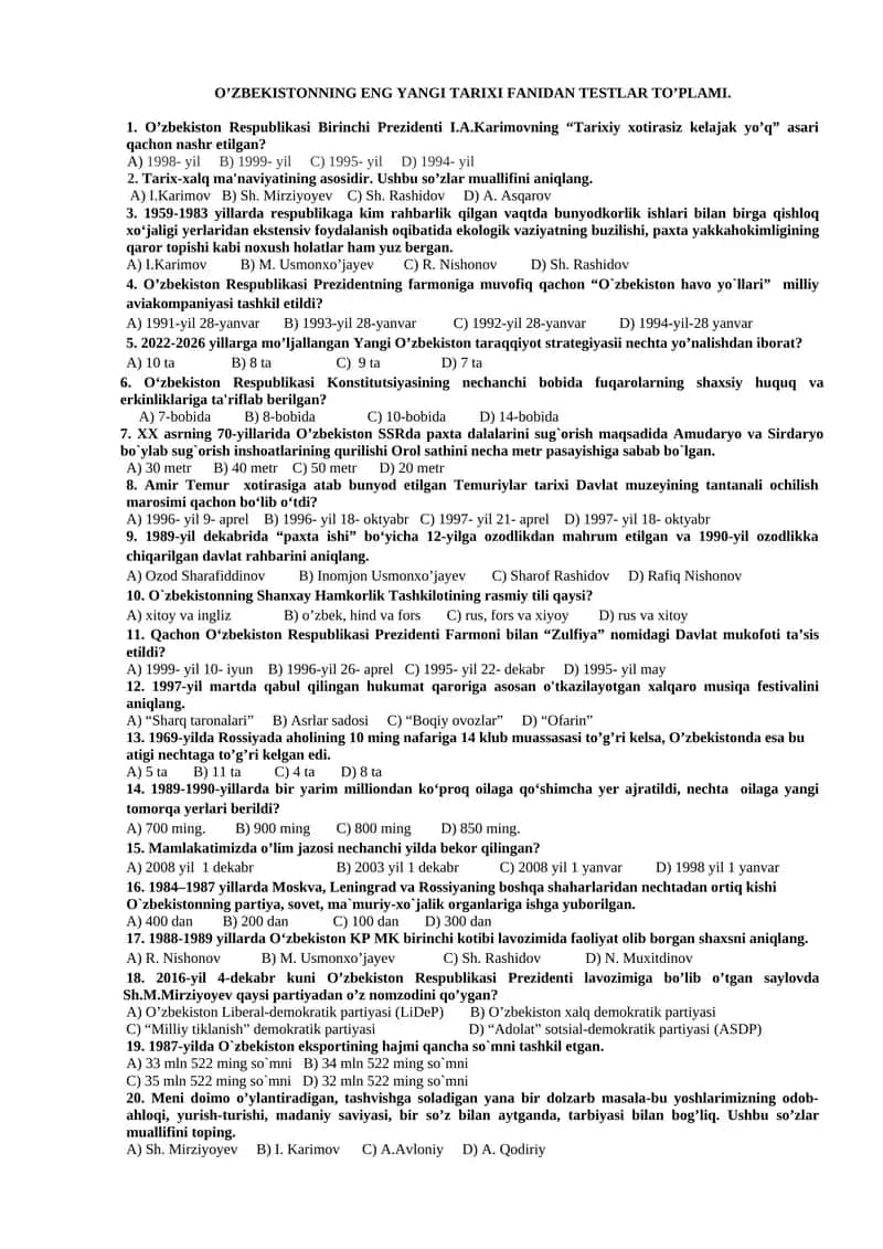 O’ZBEKISTONNING ENG YANGI TARIXI FANIDAN TESTLAR TO’PLAMI