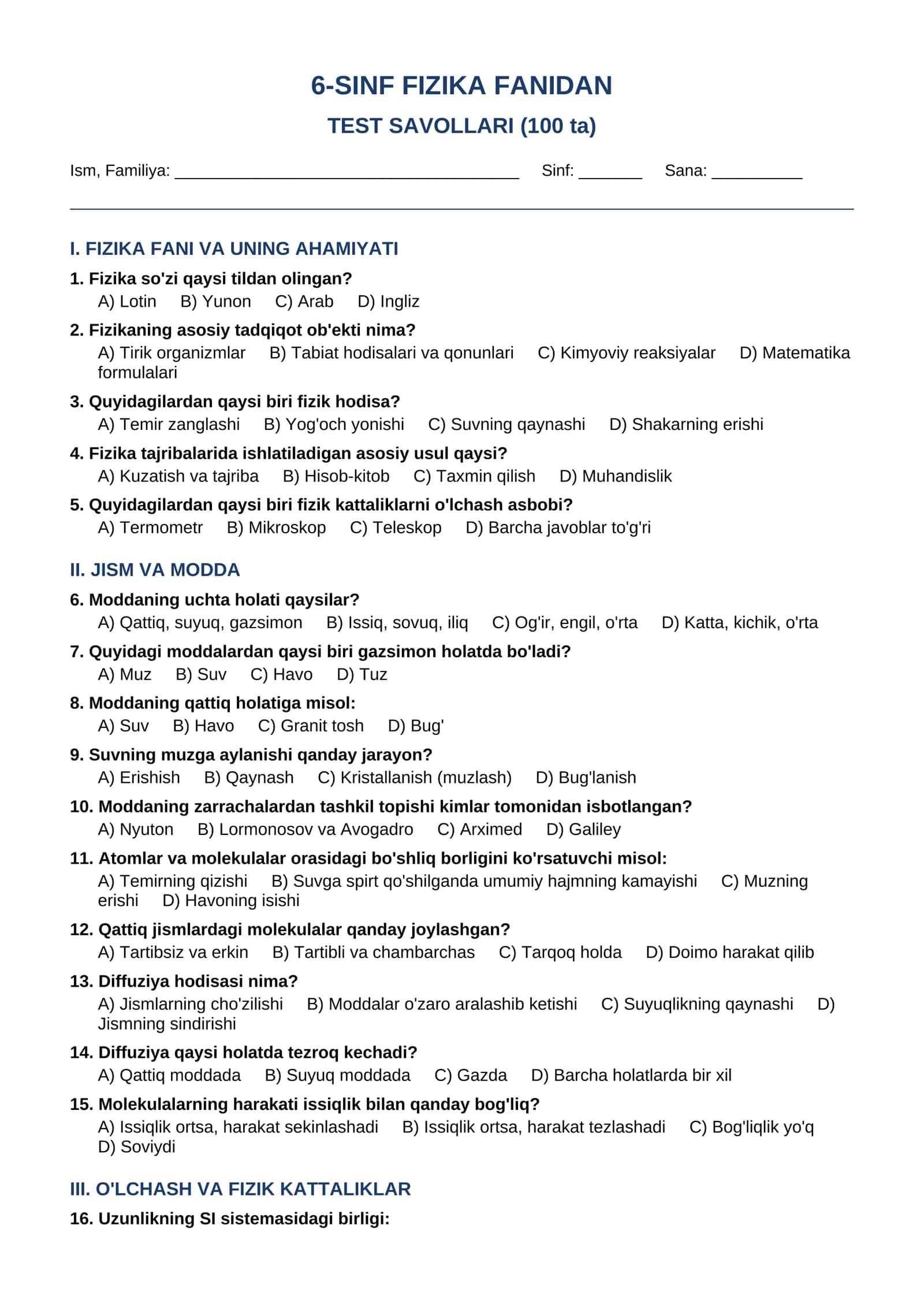 6-SINF FIZIKA FANIDAN TEST SAVOLLARI (100 ta)
