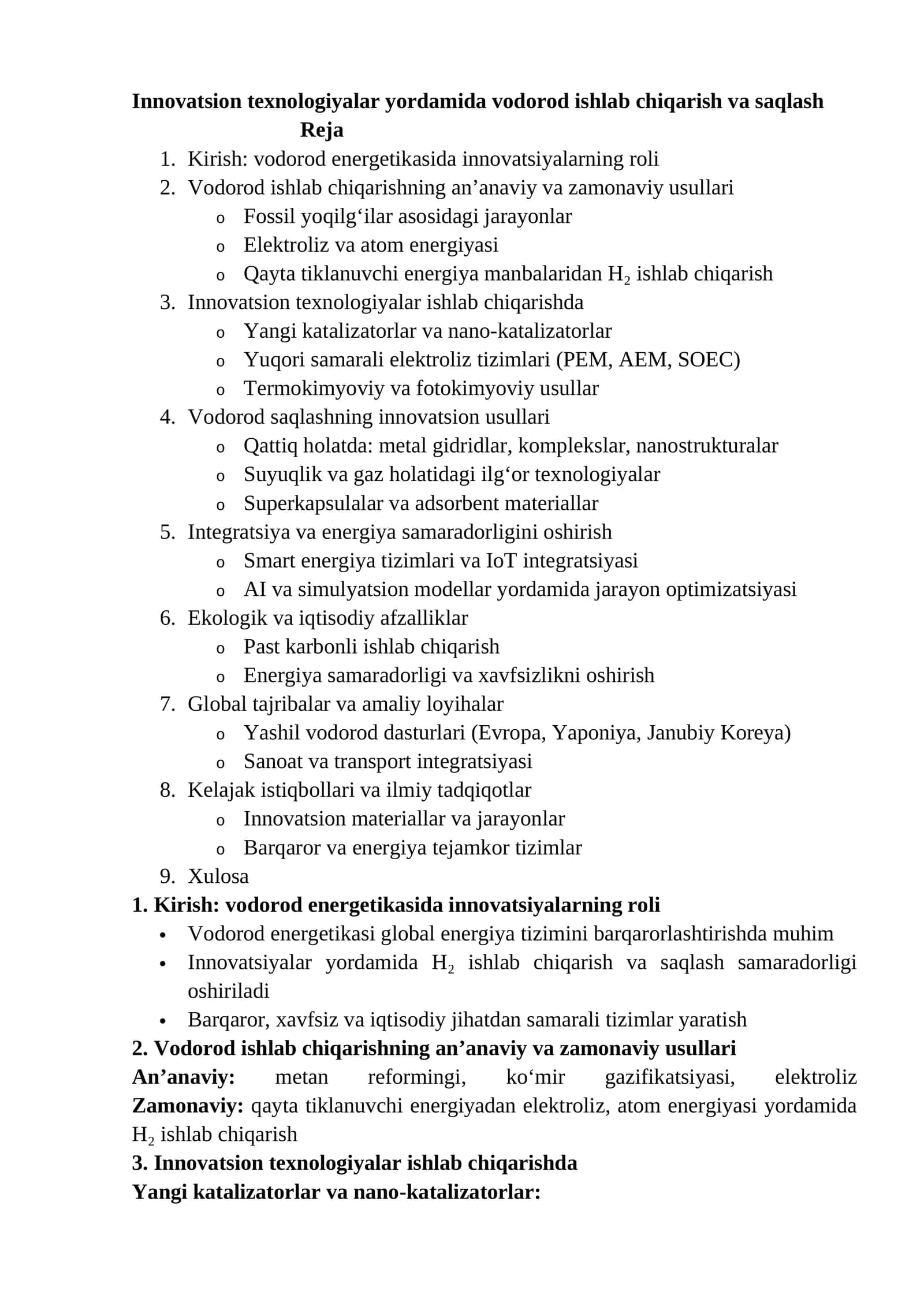 Innovatsion texnologiyalar yordamida vodorod ishlab chiqarish va saqlash