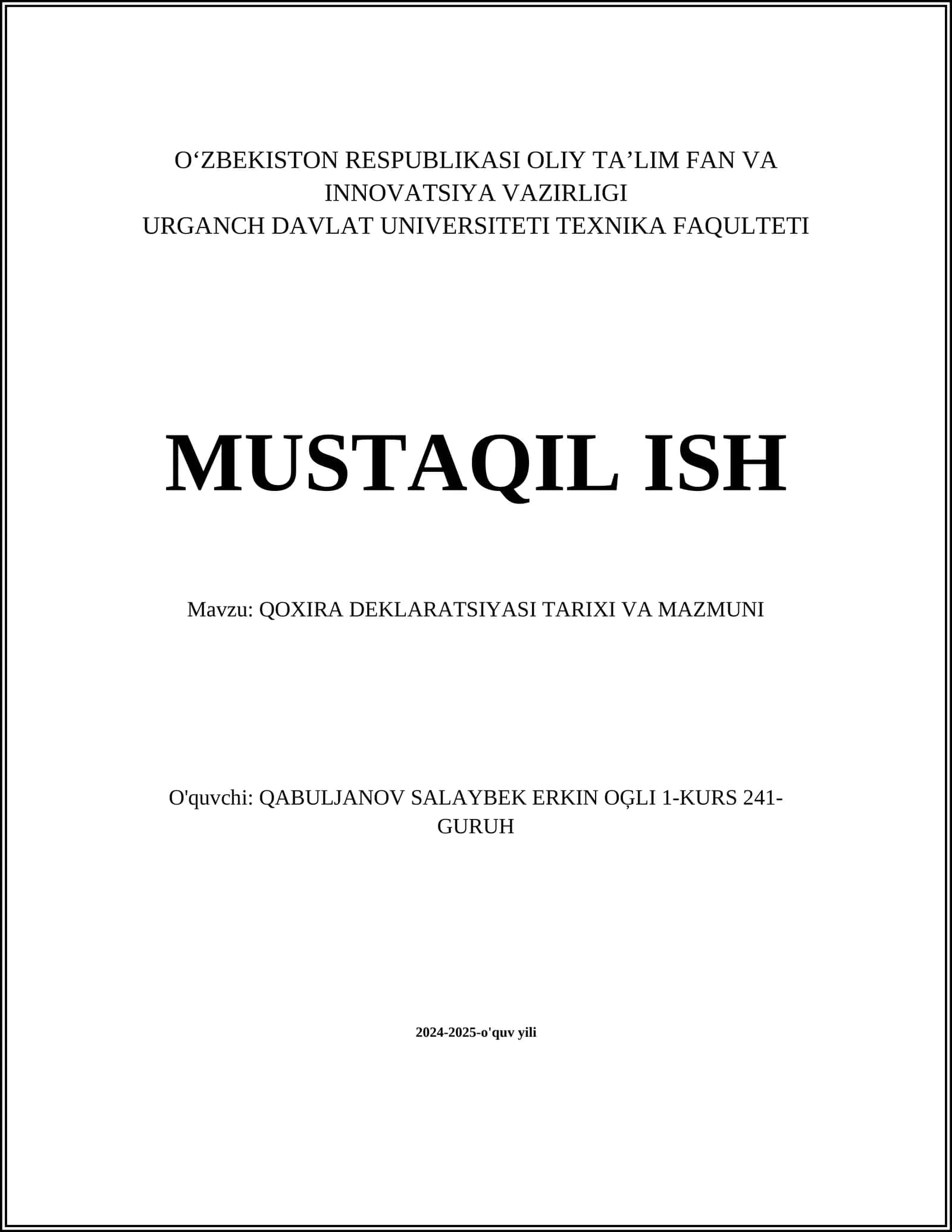 QOXIRA DEKLARATSIYASI TARIXI VA MAZMUNI