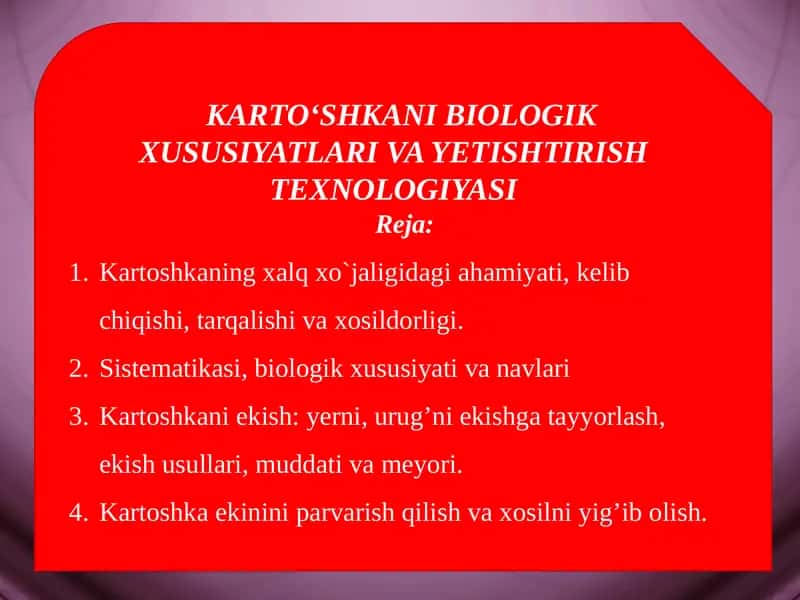 KARTOʻSHKANIBIOLOGIK XUSUSIYATLARI VA YETISHTIRISH TEXNOLOGIYASI