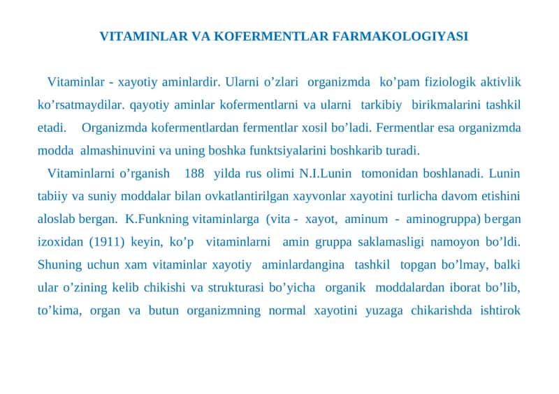 VITAMINLAR VA KOFERMENTLAR FARMAKOLOGIYASI