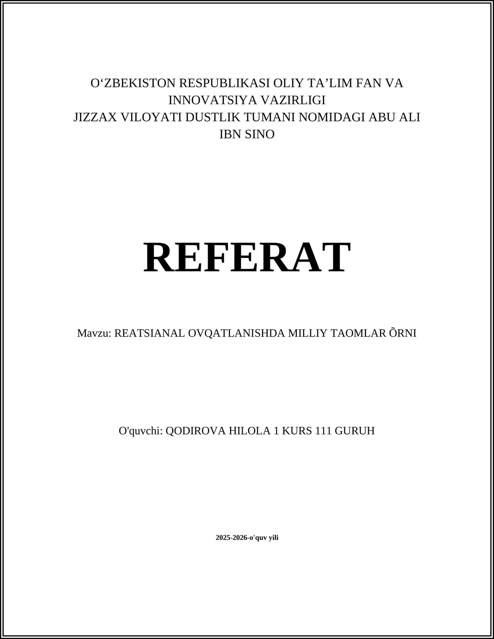 REFERAT: REATSIONAL OVQATLANISHDA MILLIY TAOMLAR ÕRNI
