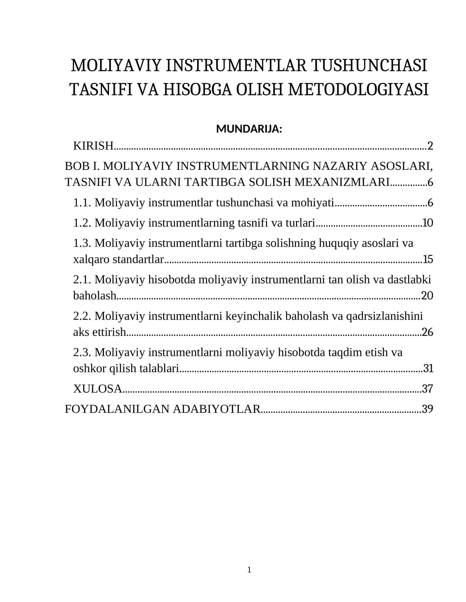 MOLIYAVIY INSTRUMENTLAR TUSHUNCHASI TASNIFI VA HISOBGA OLISH METODOLOGIYASI