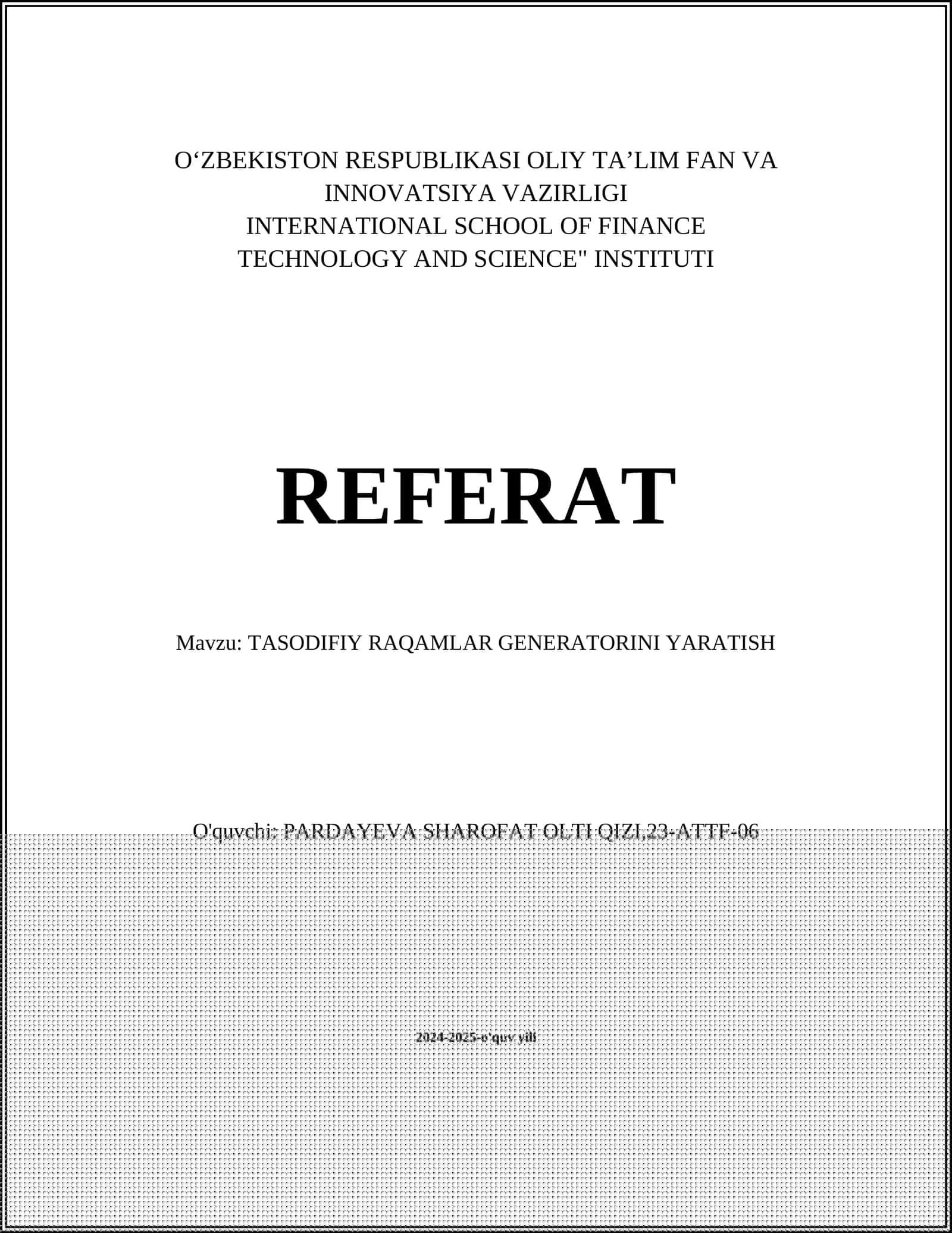 TASODIFIY RAQAMLAR GENERATORINI YARATISH