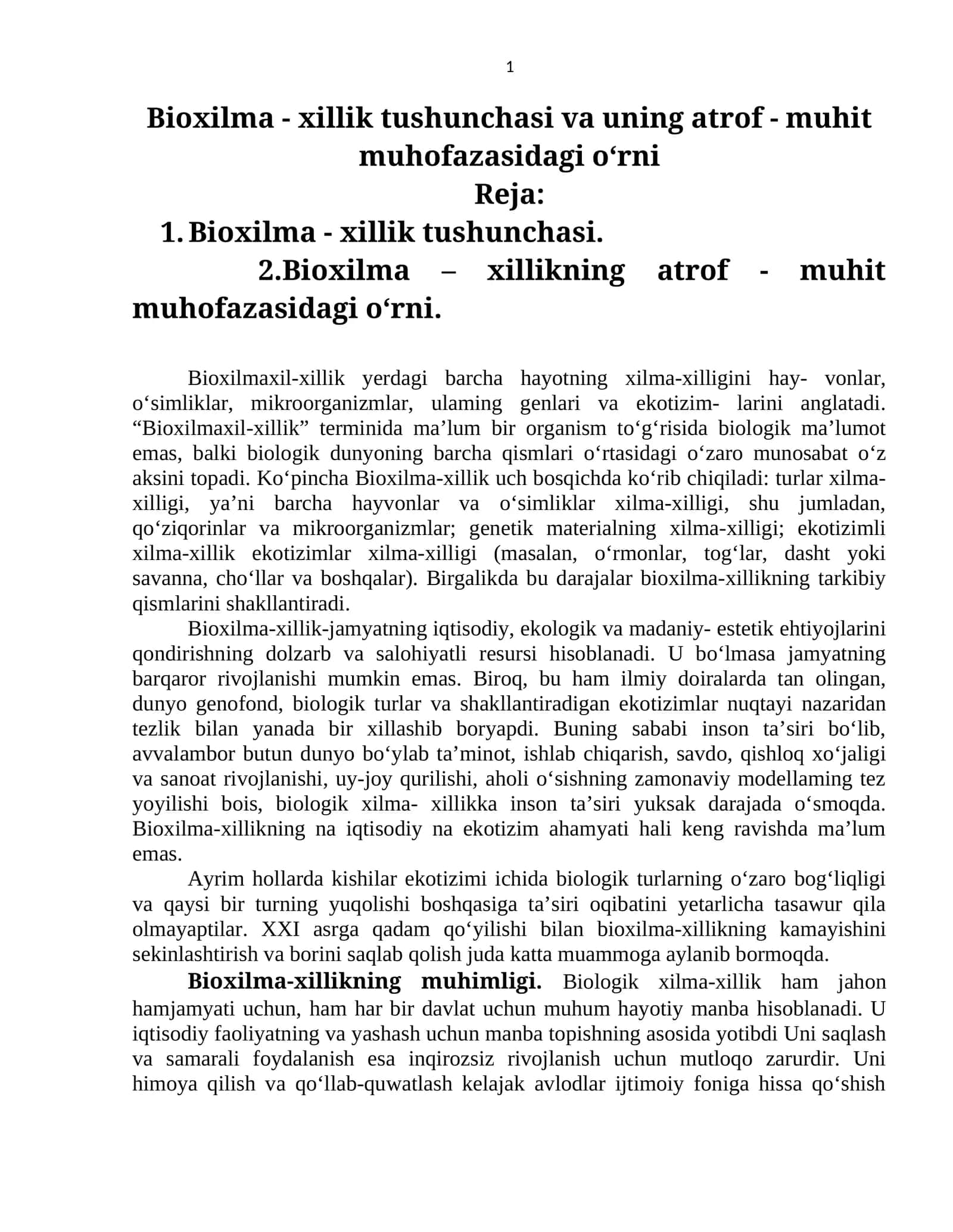 Bioxilma - xillik tushunchasi va uning atrof - muhit muhofazasidagi o‘rni