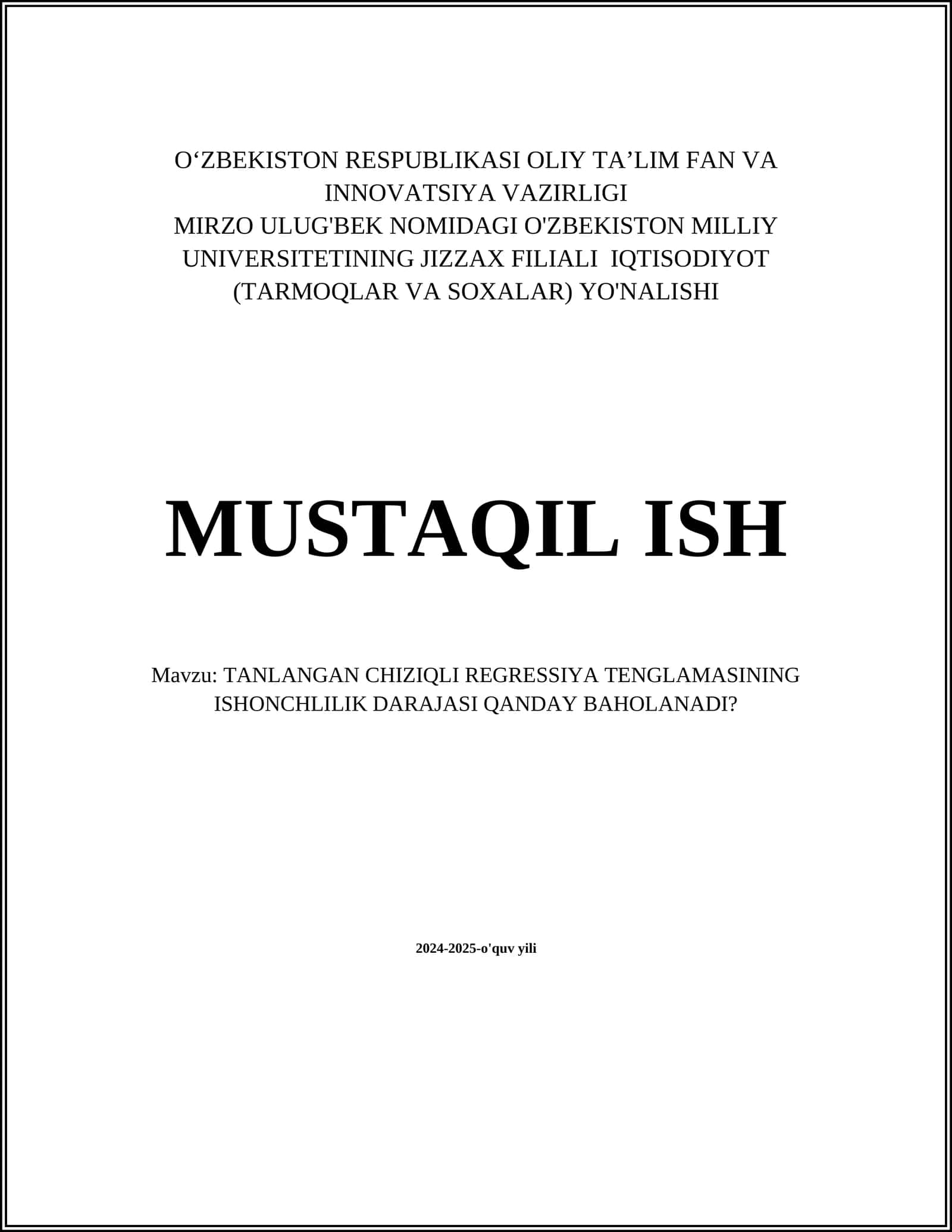 Tanlangan Chiziqli Regressiya Tenglamasining Ishonchlik Darajasi