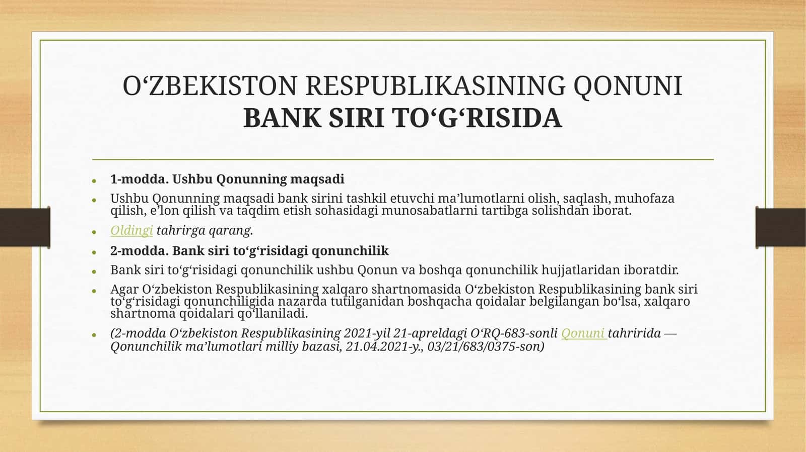 Oʻzbekiston Respublikasining qonuni. BANK SIRI TOʻGʻRISIDA
