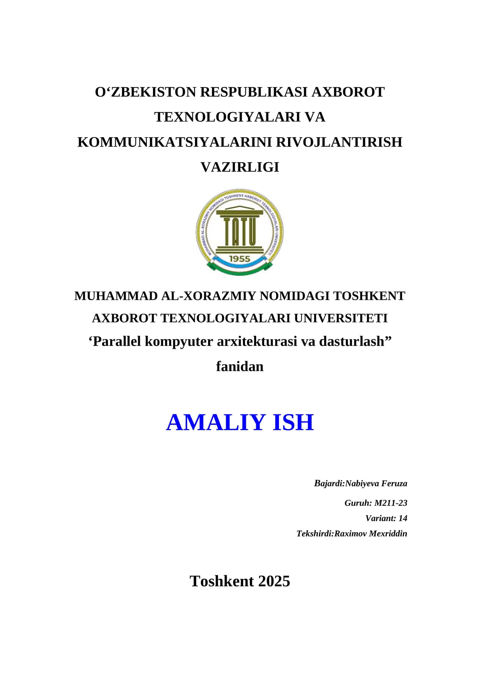"Parallel kompyuter arxitekturasi va dasturlash"