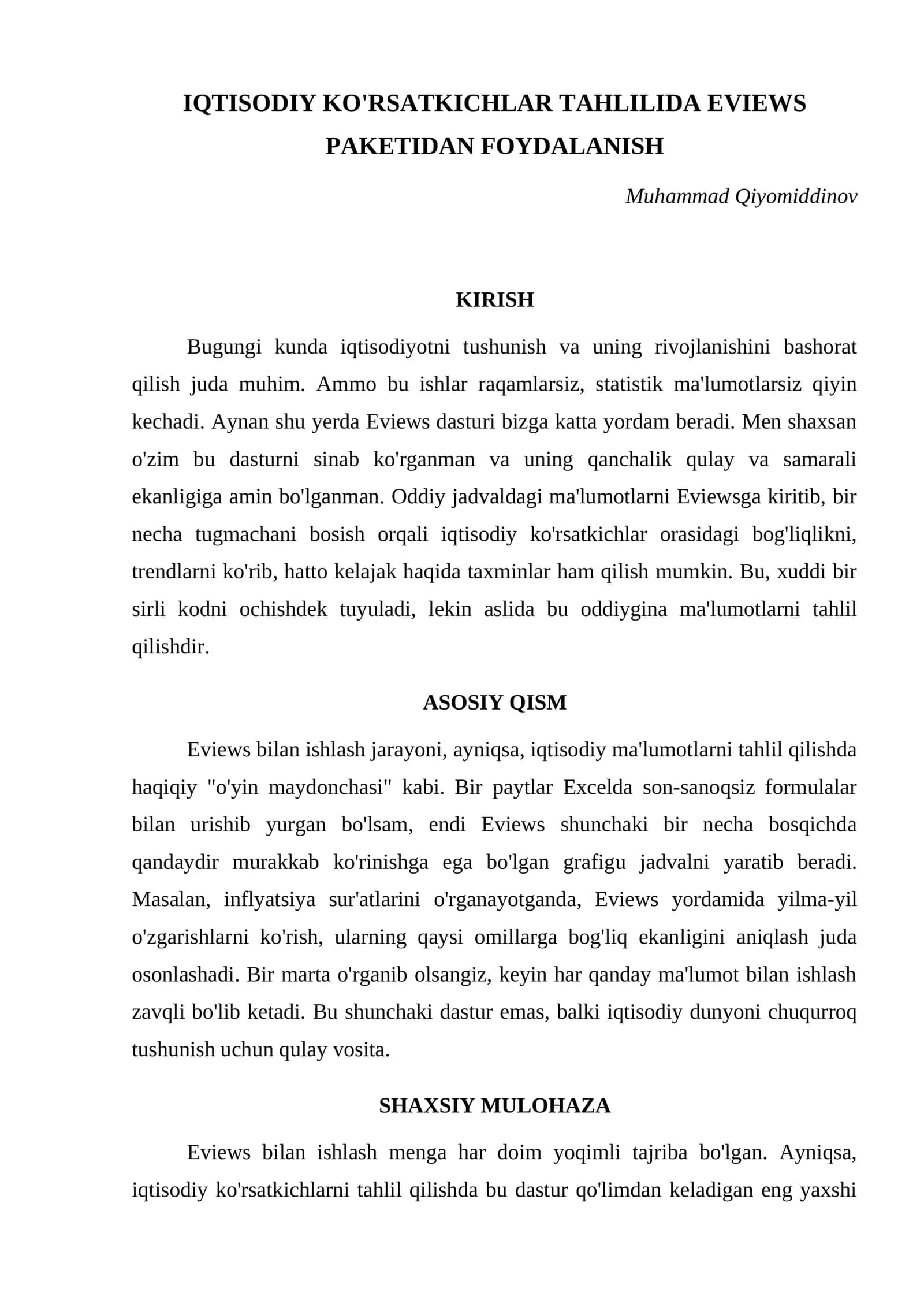IQTISODIY KO'RSATKICHLAR TAHLILIDA EVIEWS PAKETIDAN FOYDALANISH