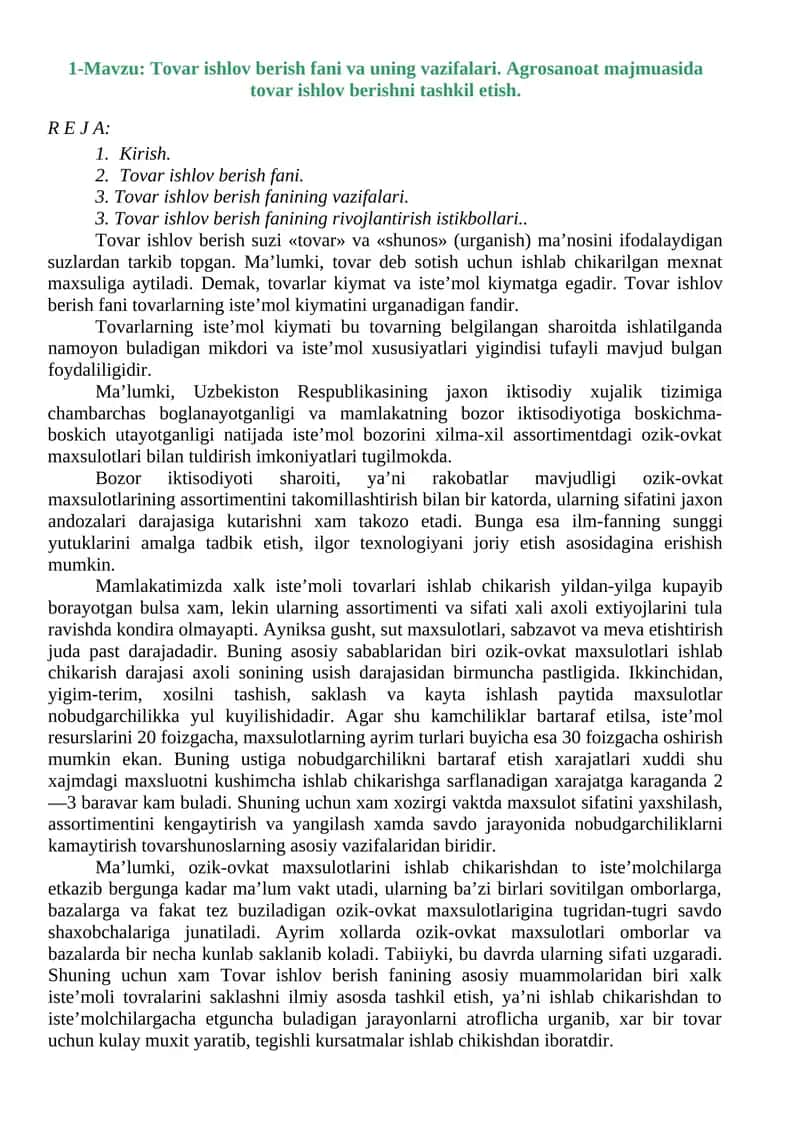 Tovar ishlov berish fani va uning vazifalari