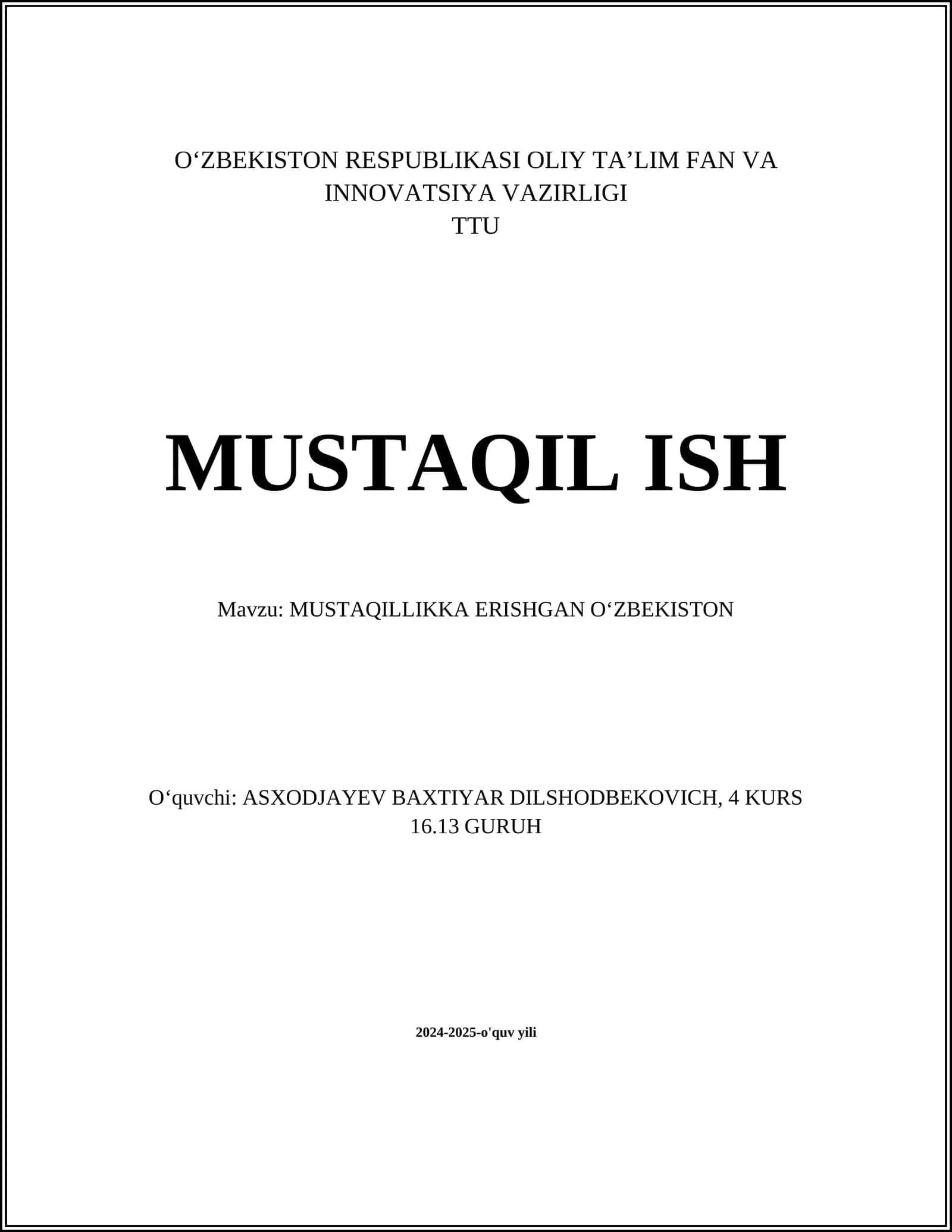 MUSTAQILLIKKA ERISHGAN OʻZBEKISTON