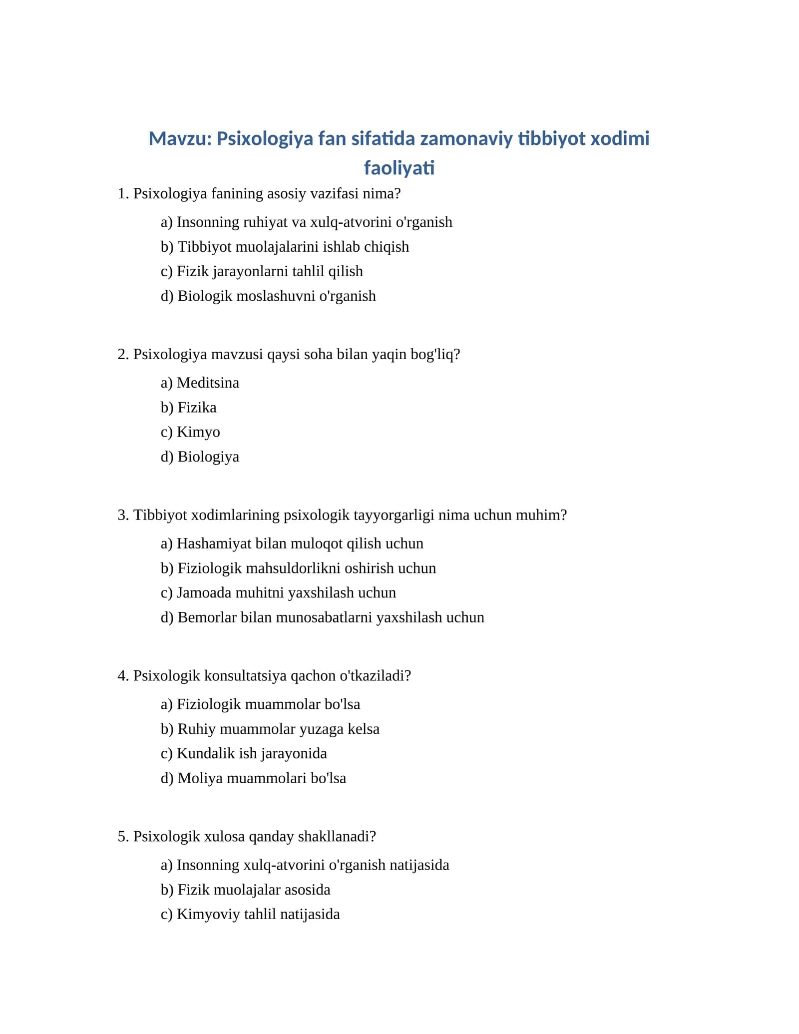 Psixologiya fan sifatida zamonaviy tibbiyot xodimi faoliyati